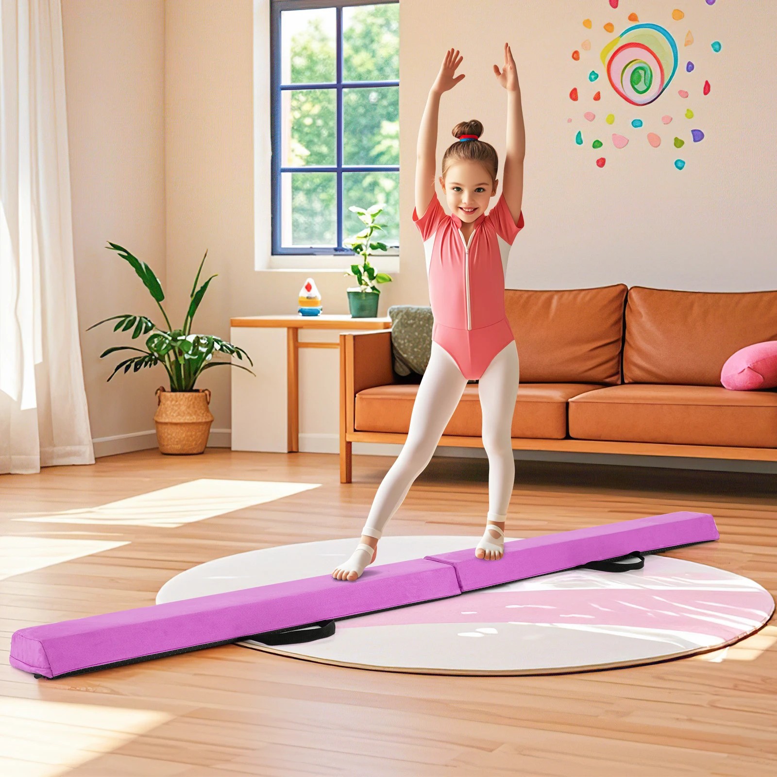 3 Costway 2.1M Folding Balance Beam Portable Floor Gymnastics Beam w/Handle - Purple, 3 of 4