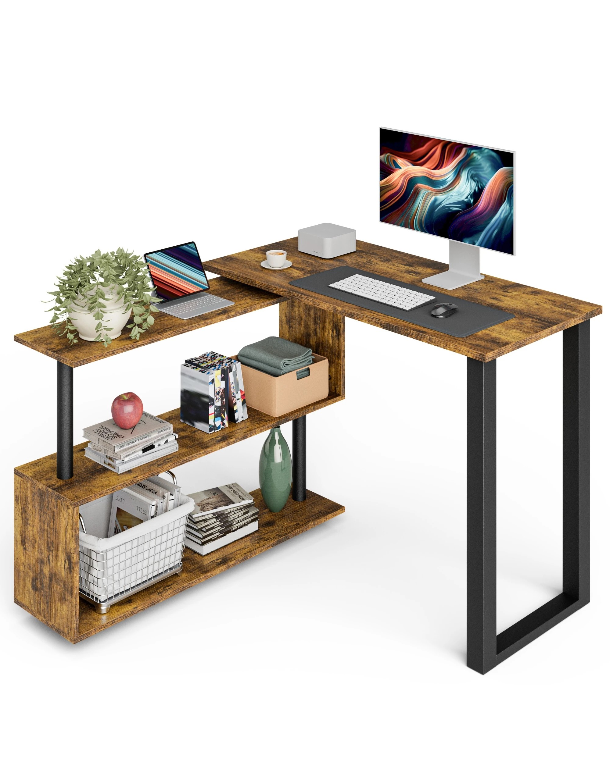 1 Advwin 360° Rotating Computer Desk L-shaped Desk With Bookshelf Corner Desk, 1 of 7