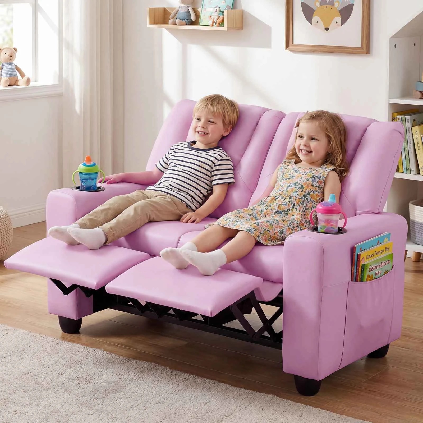 3 Costway 2-Seater Recliner Chair Double Sofa Adjustable Couch PU Leather - Pink, 3 of 3
