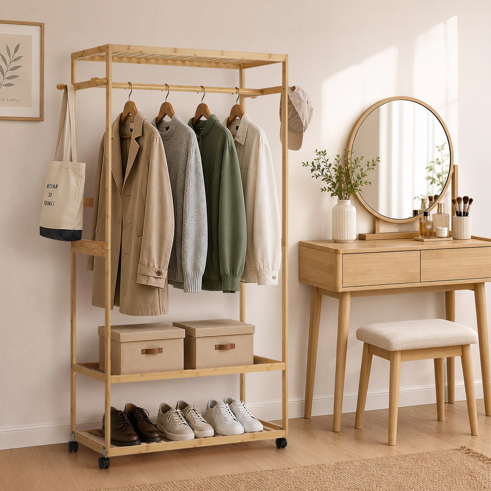 4 Oikiture Clothes Rack Open Wardrobe Garment Coat Stand Bamboo 2 Shelves Wheels - Natural, 4 of 8