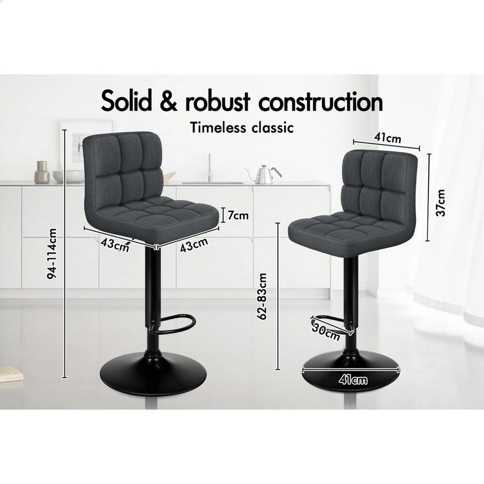 8 Alfordson 4x Bar Stools Ralph Kitchen Swivel Chair Fabric Gas Lift - Grey, 8 of 10