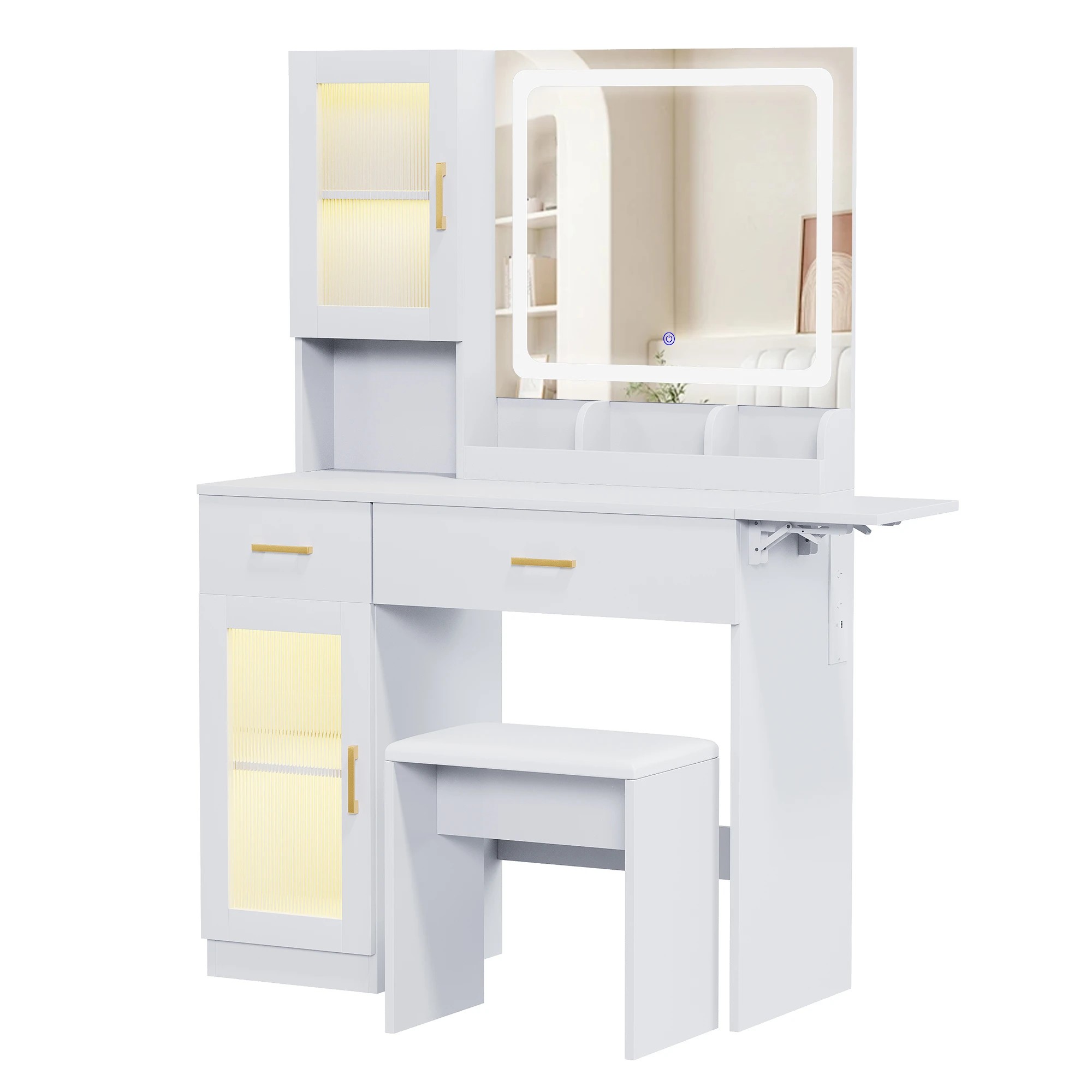 1 Advwin Dressing Table with LED Mirror,RGB Cabinet, Charging Station & Foldable Countertop - White, 1 of 10
