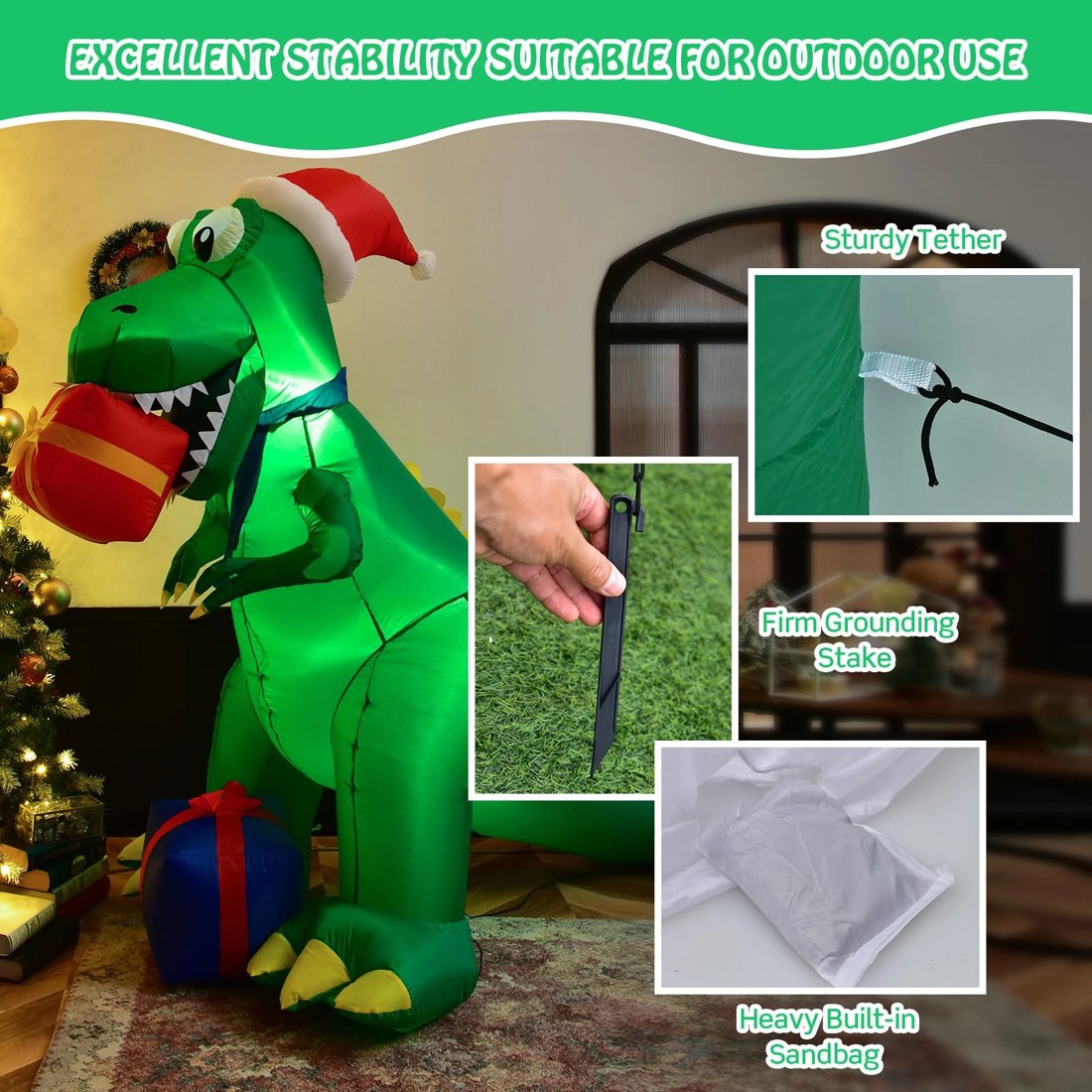 7 Costway 180CM LED Christmas Inflatable Dinosaur Indoor & Outdoor Xmas Decor, 7 of 9