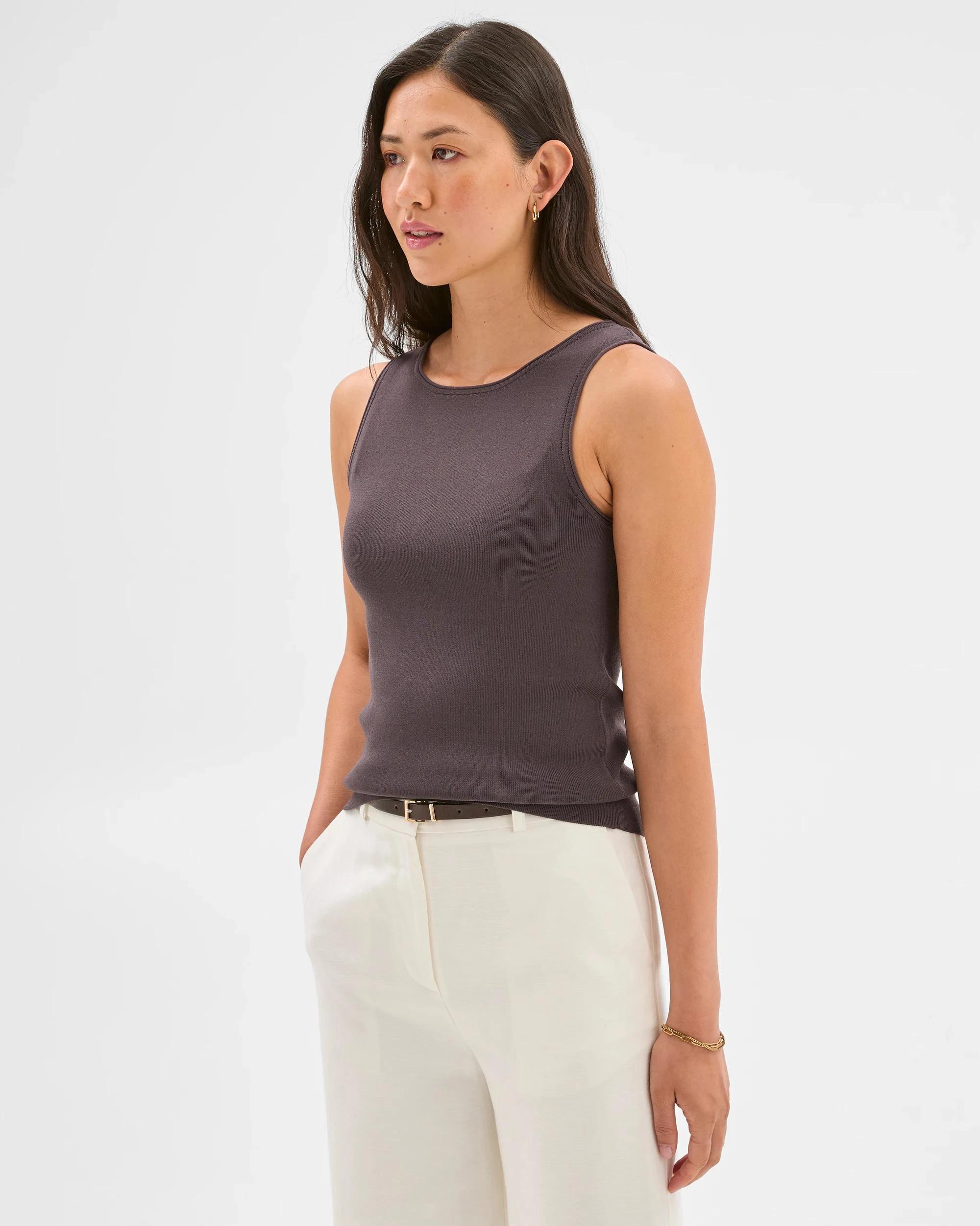 3 Boat Neck Crepe Tank Top - Preview HICKORY, 3 of 6