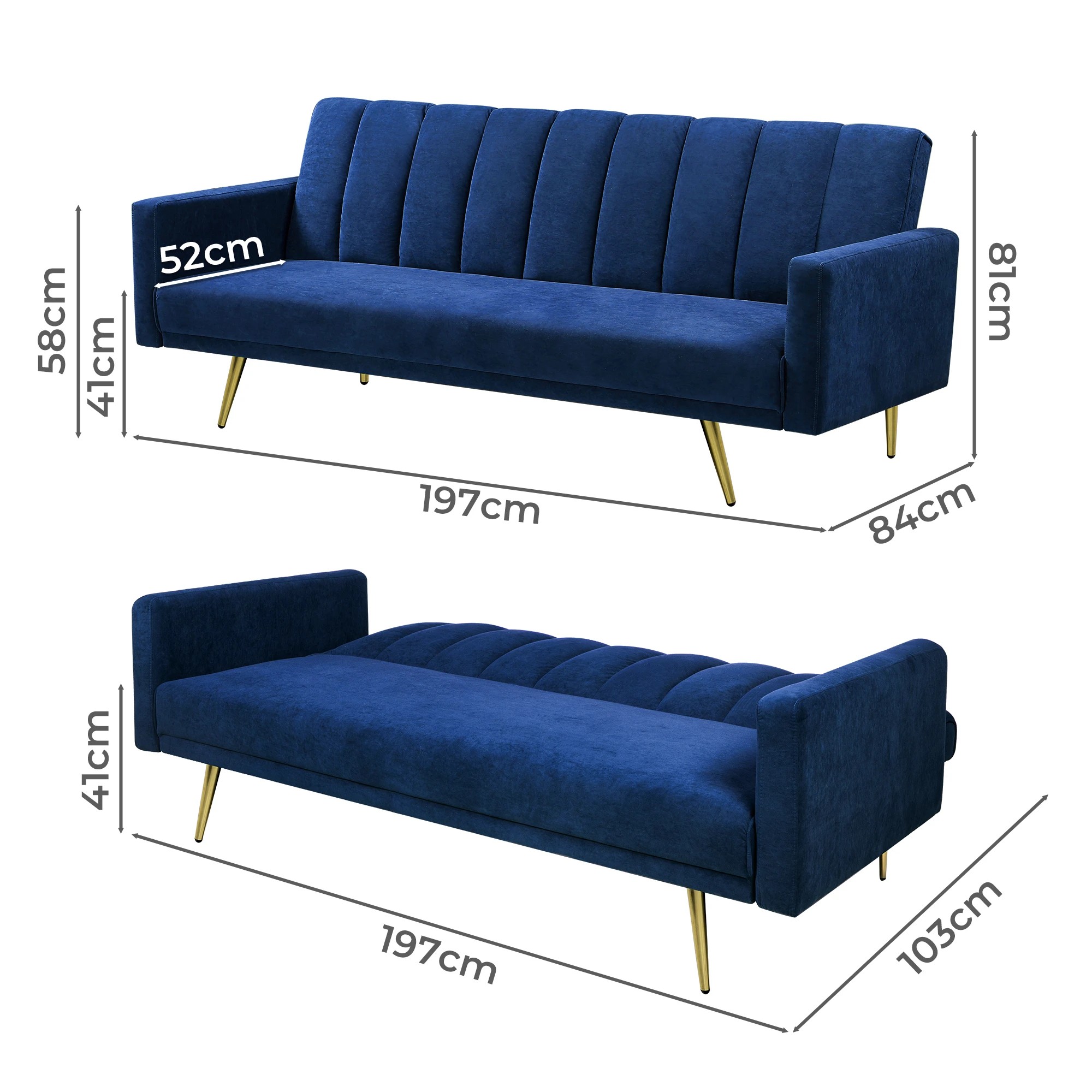 2 Levede 3 Seater Velvet Sofa Bed Blue, 2 of 3