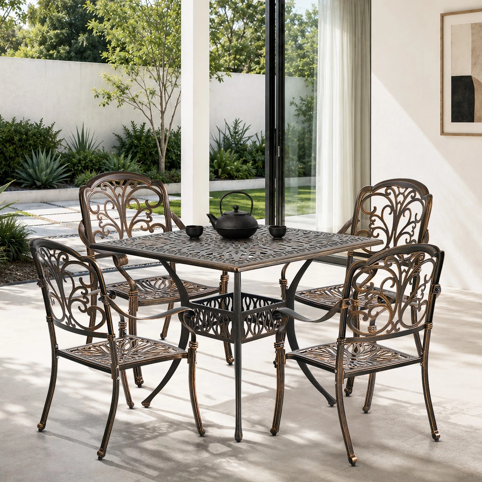 4 Livsip 5 Piece Outdoor Dining Setting Cast Aluminium Table Chairs Furniture - Bronze, 4 of 7
