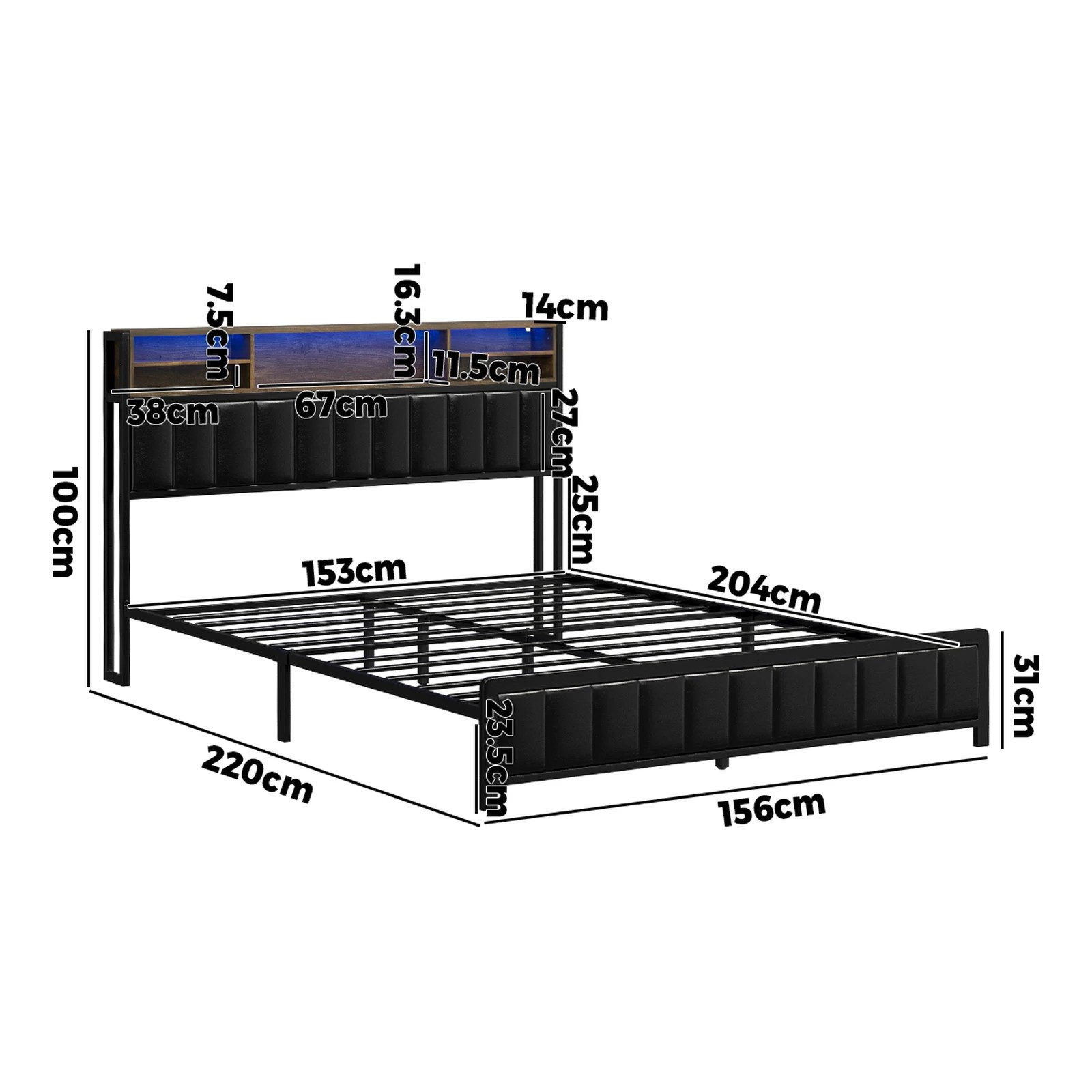 2 Oikiture Bed Frame Queen Size LED Storage Headboard With USB Charge - Black, 2 of 9