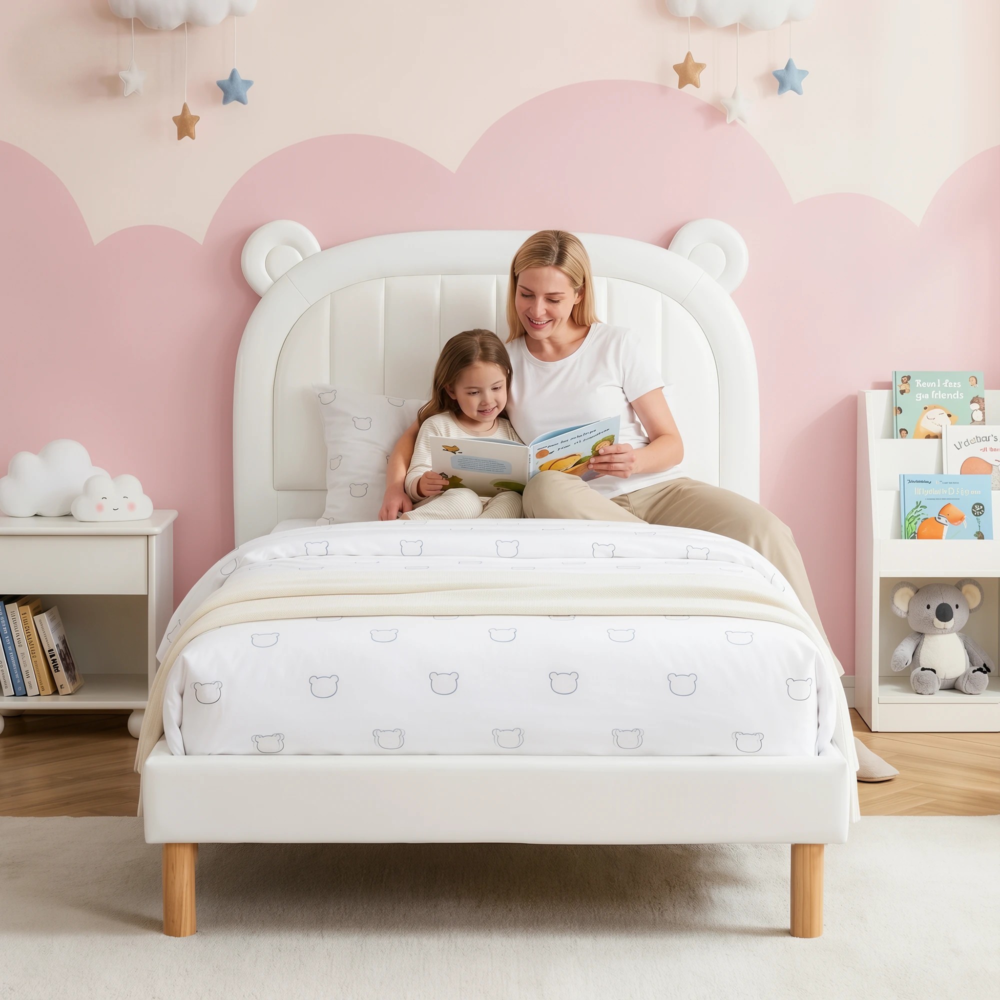 7 Artiss Kids King Single Bed Frame Bear Ears Headboard Upholstered Leather Platform Bed for Child - White, 7 of 8