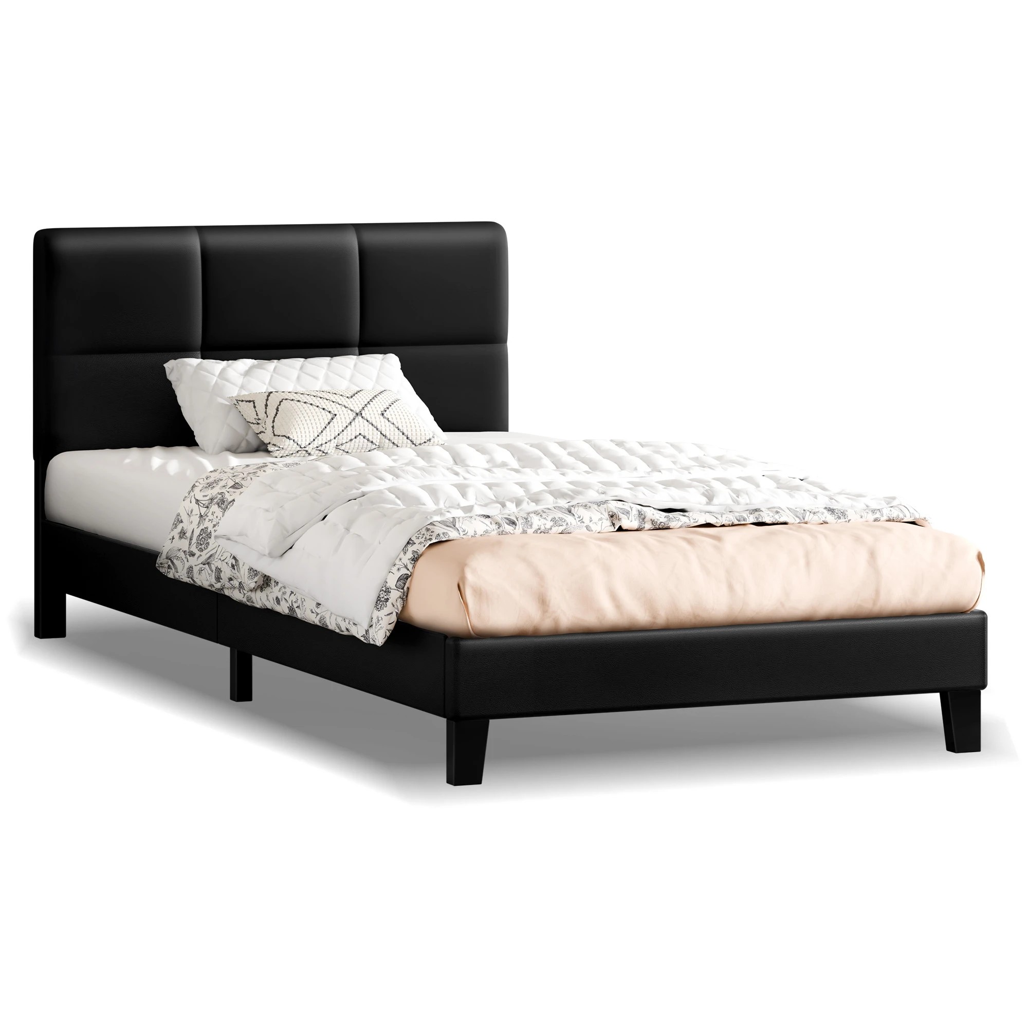 1 Alfordson Bed Frame King Single Tufted Headboard Leather - Black, 1 of 9