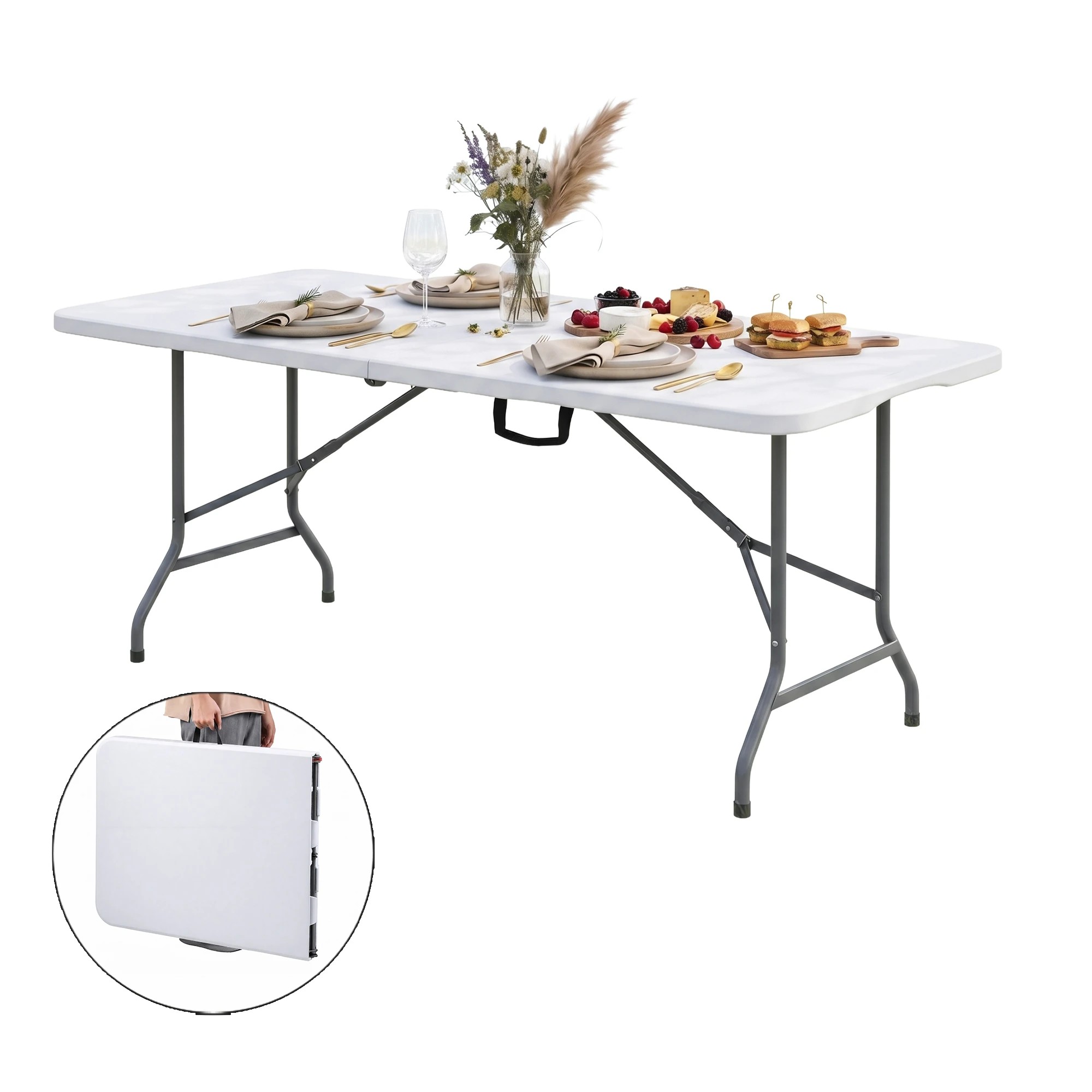1 Gardeon 180cm Folding Table Portable Fold-in-Half with Handle Camping Picnic - White, 1 of 9