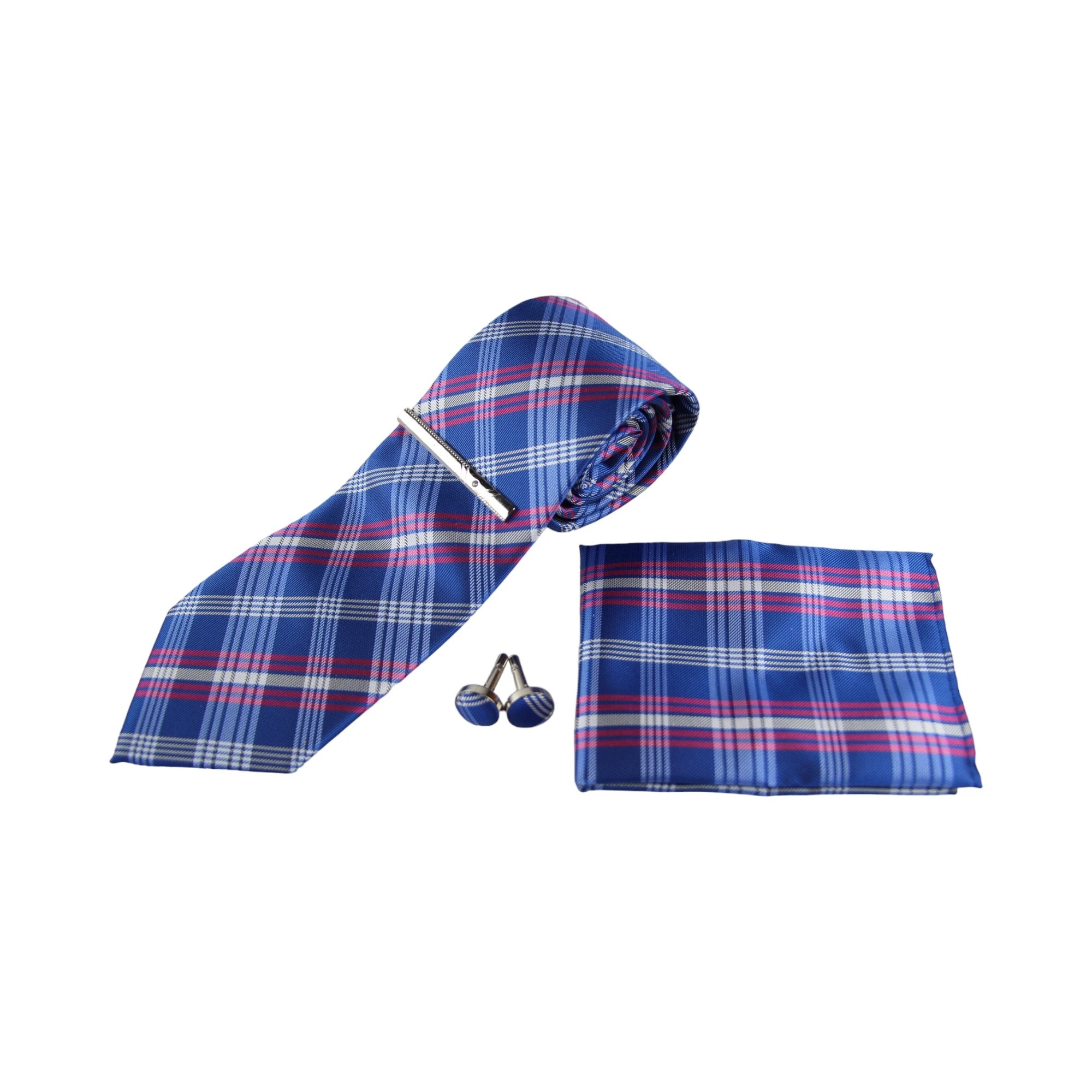 3 Zasel Mens Blue & Pink Checkered Matching Neck Tie, Pocket Square, Cuff Links And Tie Clip Set - Multi - Multi, 3 of 4
