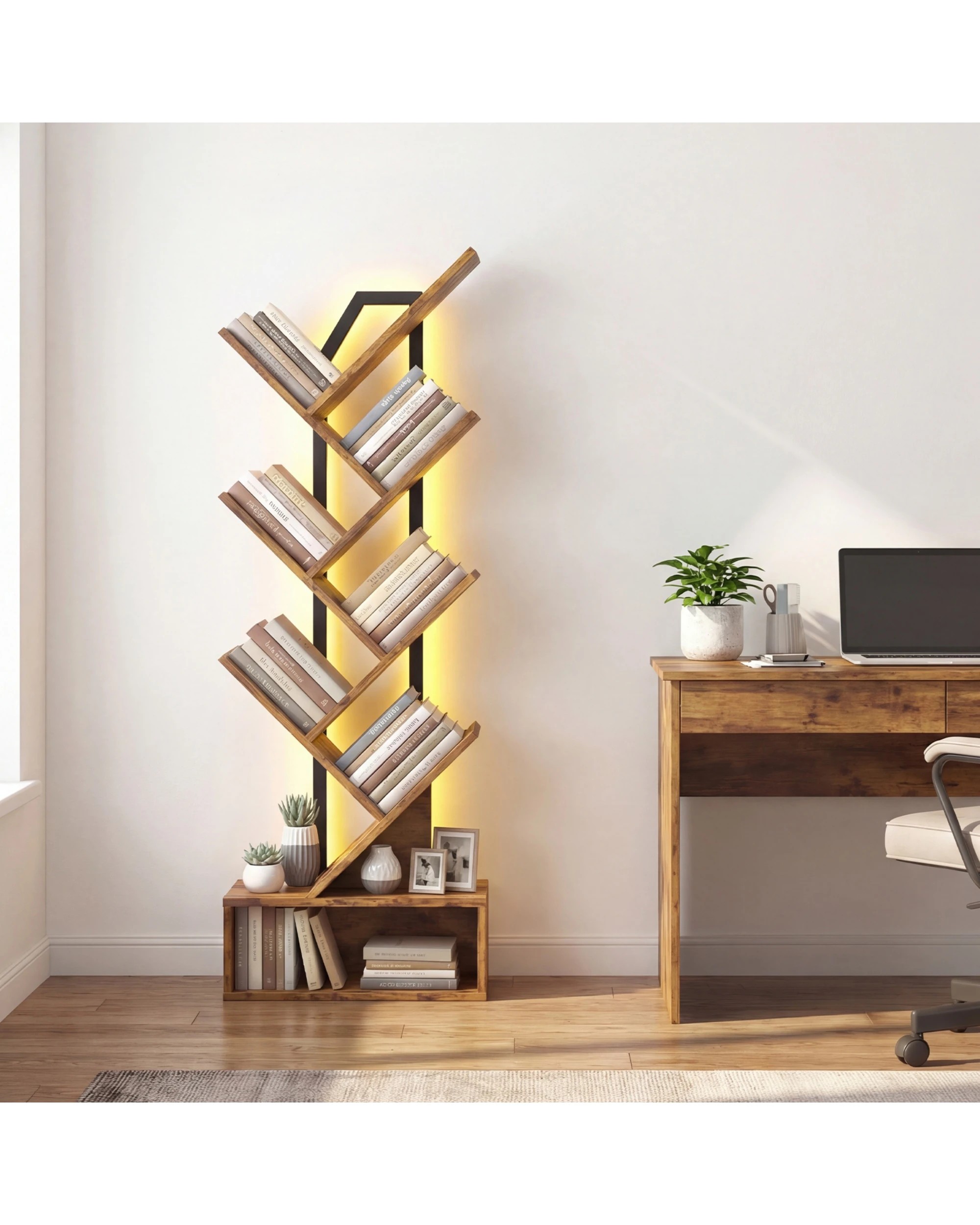 5 Advwin Tree Bookshelf with LED Lights 6-Tier Narrow Bookcase - Brown, 5 of 6