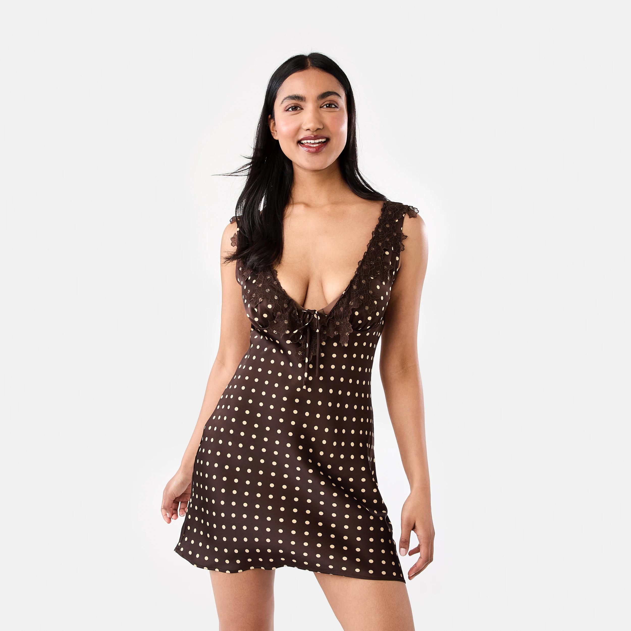 1 Satin Tie Mini Dress Brown Dot, 1 of 7
