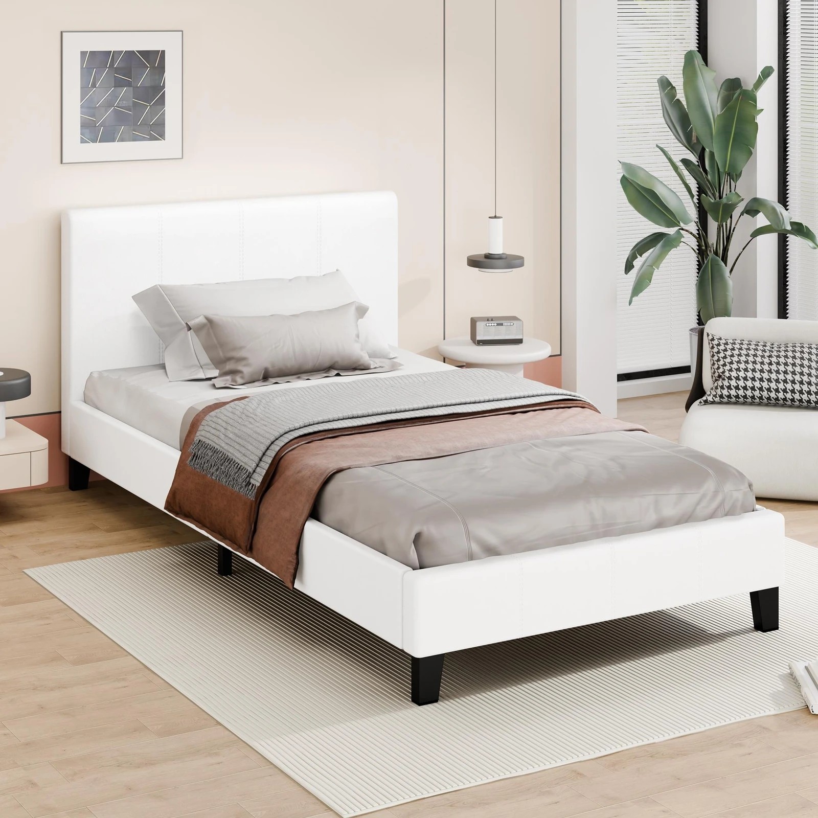 9 Alfordson Bed Frame Single Size Mattress Base Wooden Platform Leather - White, 9 of 10