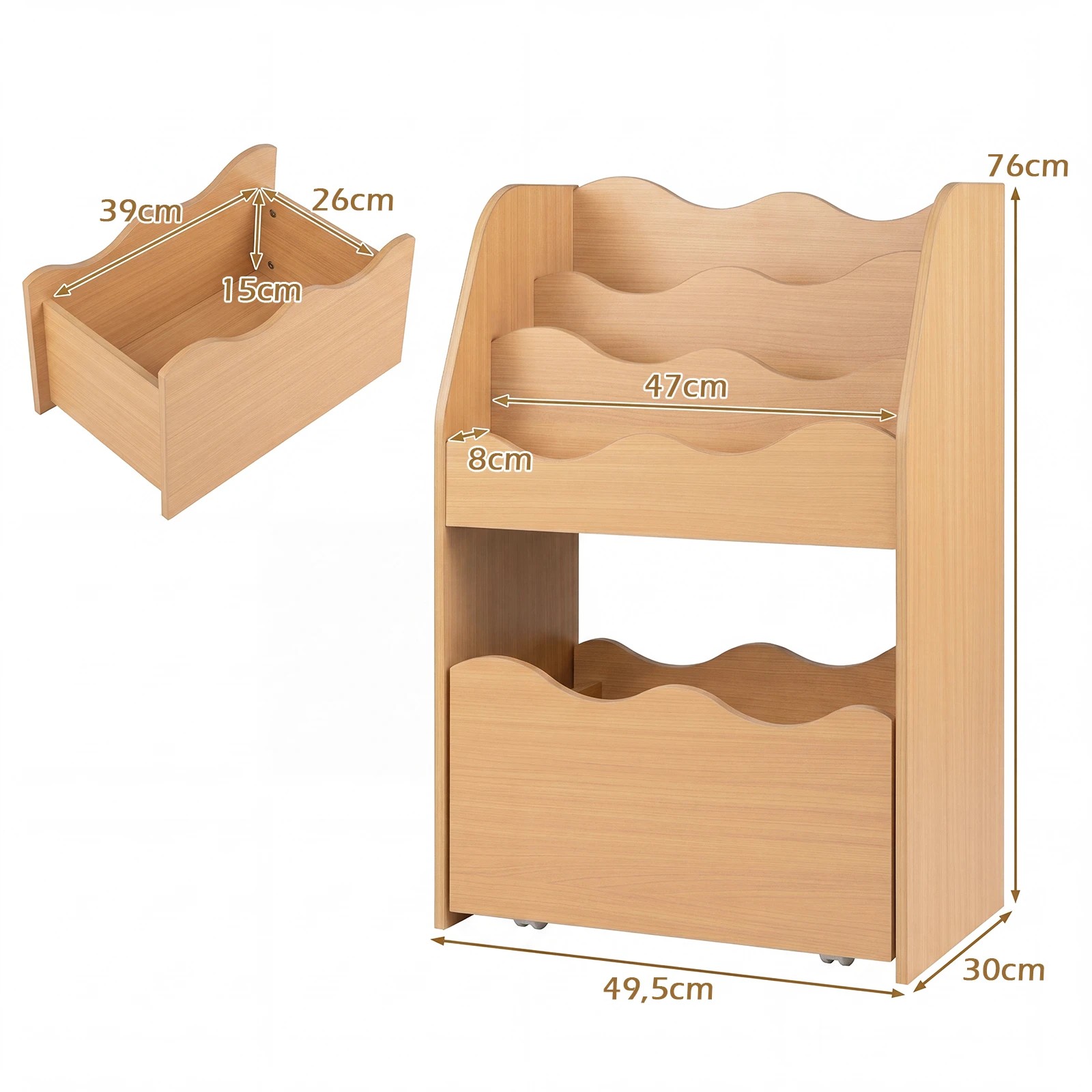 4 Costway 4-Tier Bookshelf Toy Organizer Large Rolling Storage Drawer - Natural, 4 of 5