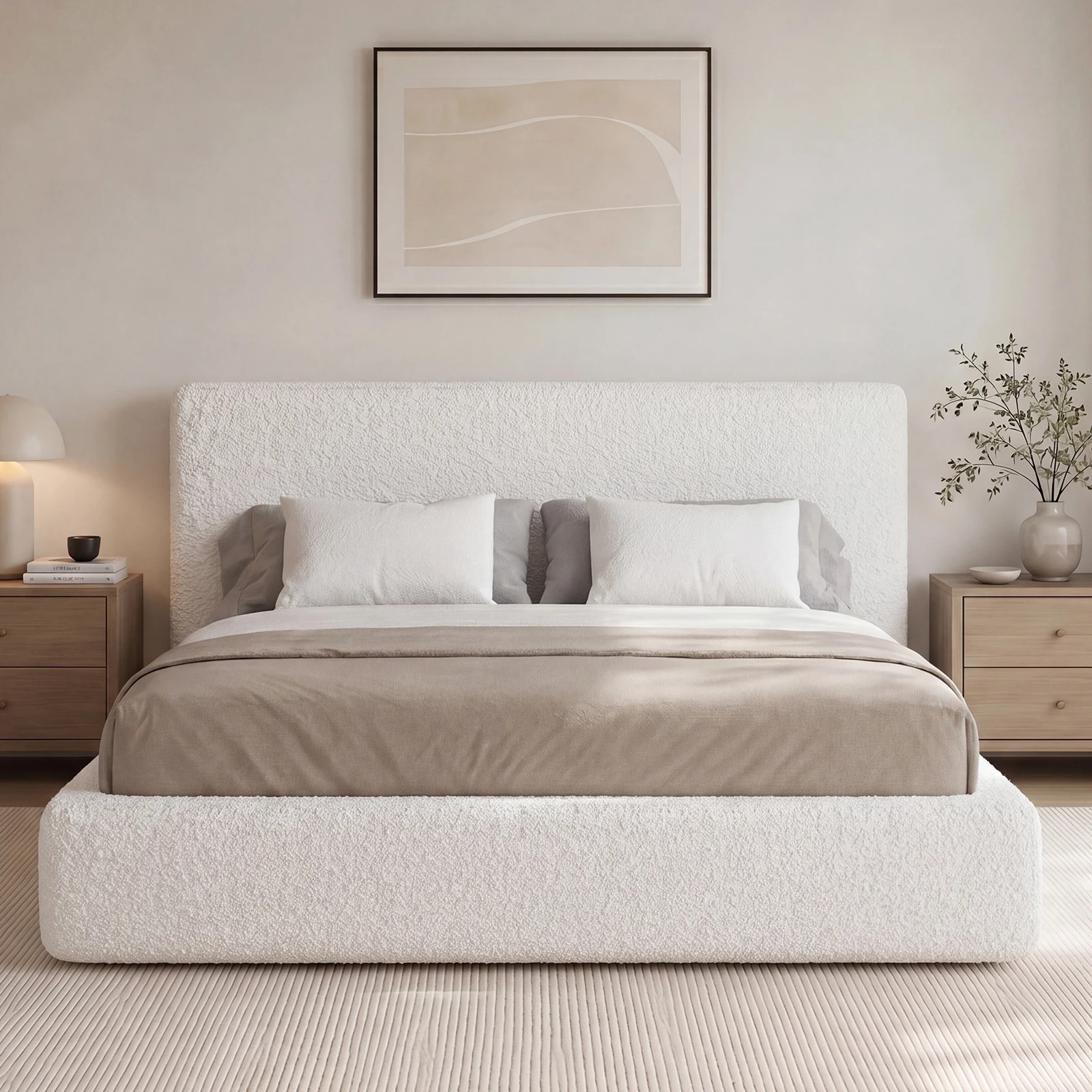 9 Advwin Queen Bed Frame with Boucle Fabric Headboard 8CM Foam Cushioned - White, 9 of 9