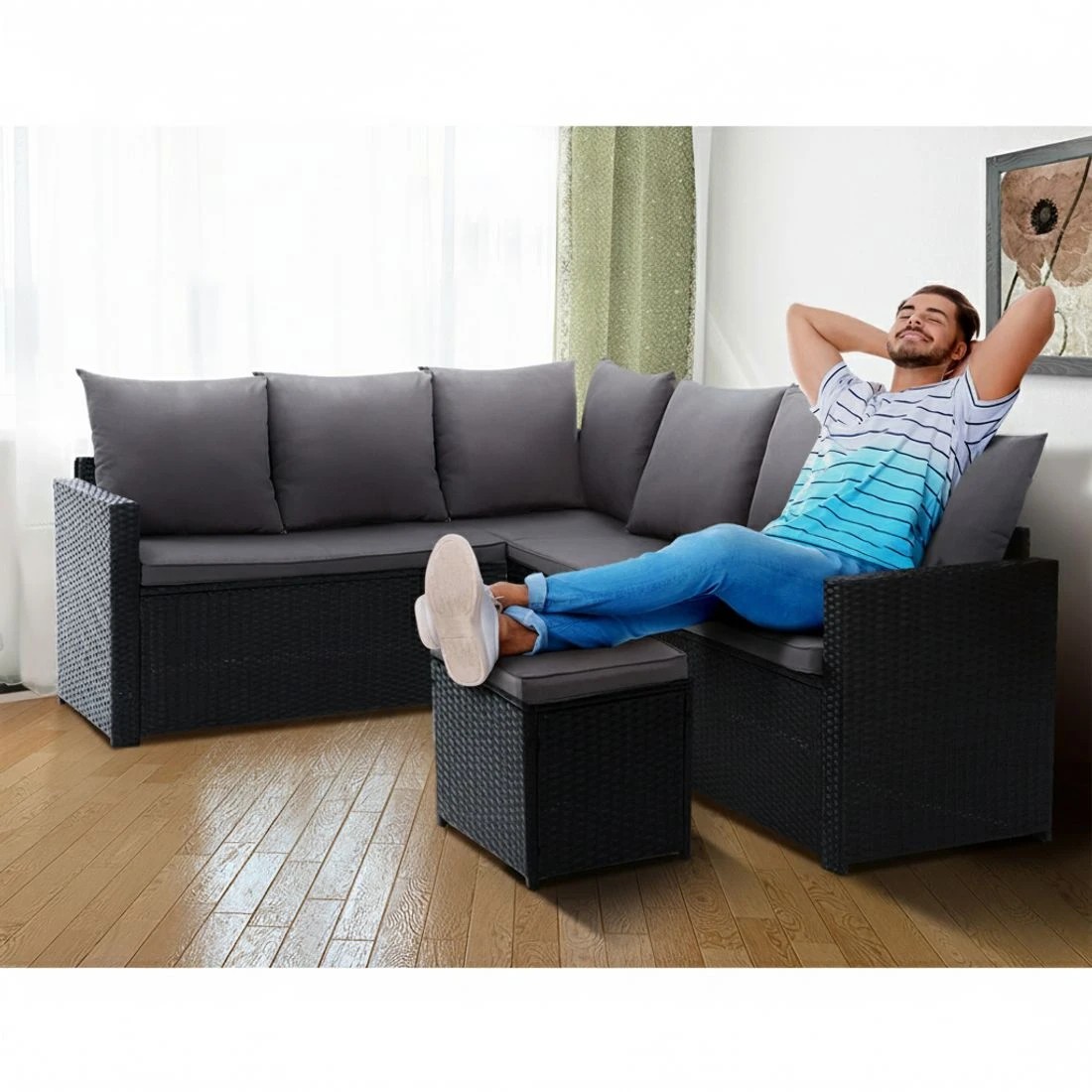 4 Gardeon Outdoor Dining Set Sofa Lounge Setting Chairs Table Ottoman Cover - Black, 4 of 6