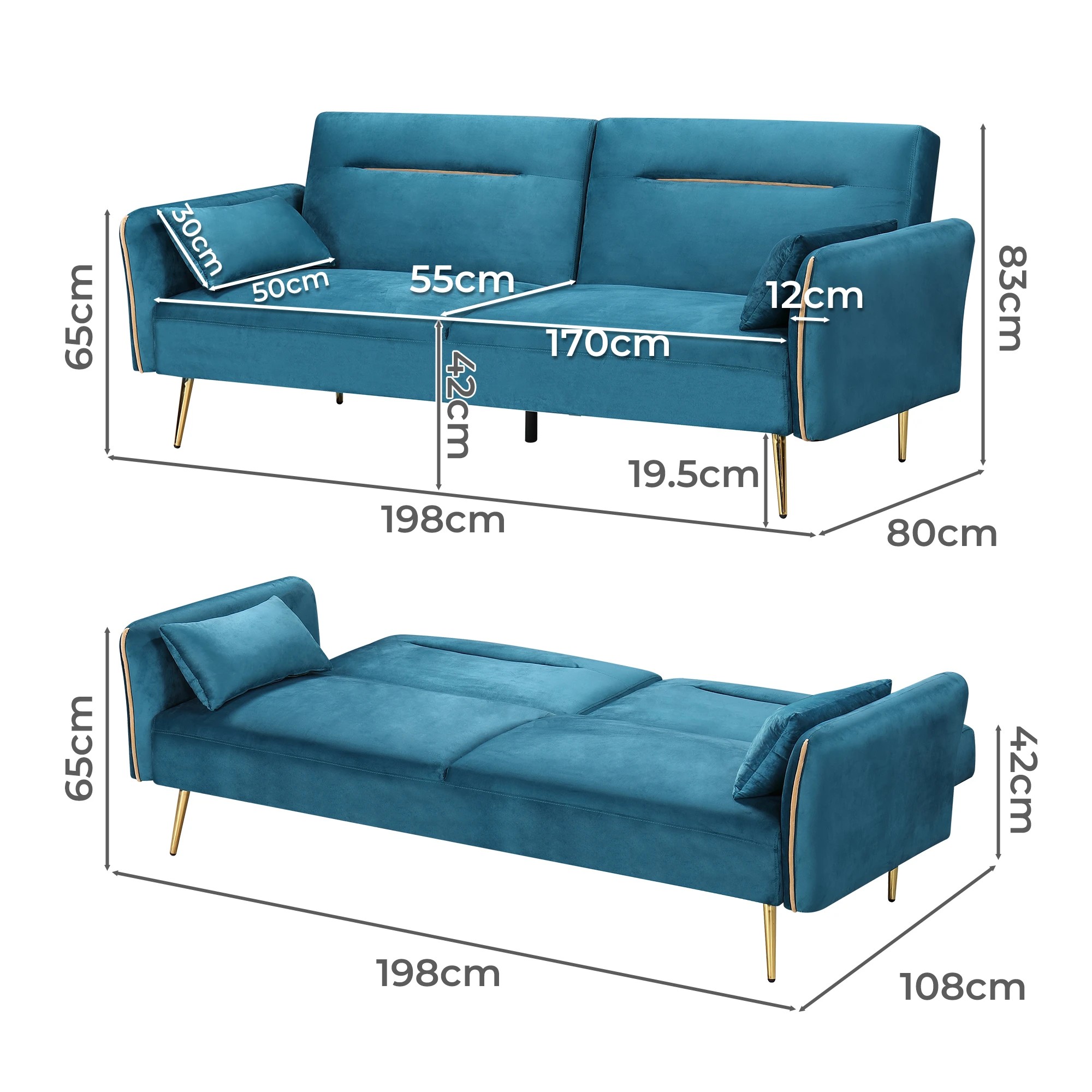 3 Levede 3 Seater Velvet Sofa Bed Blue, 3 of 6