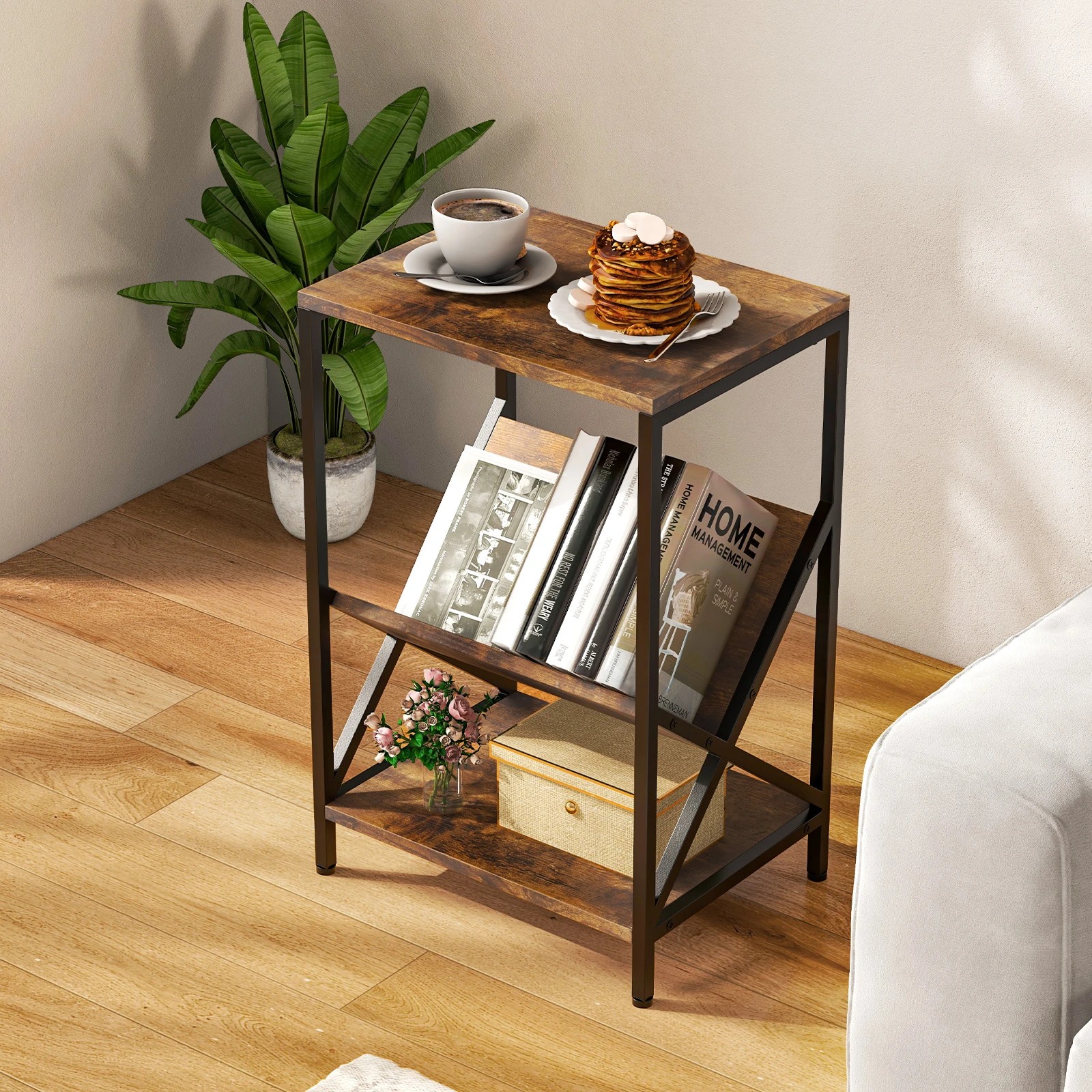 2 Costway 3-Tier Side Table Record Player Stand w/Magazine Holder & Open Shelves, 2 of 4