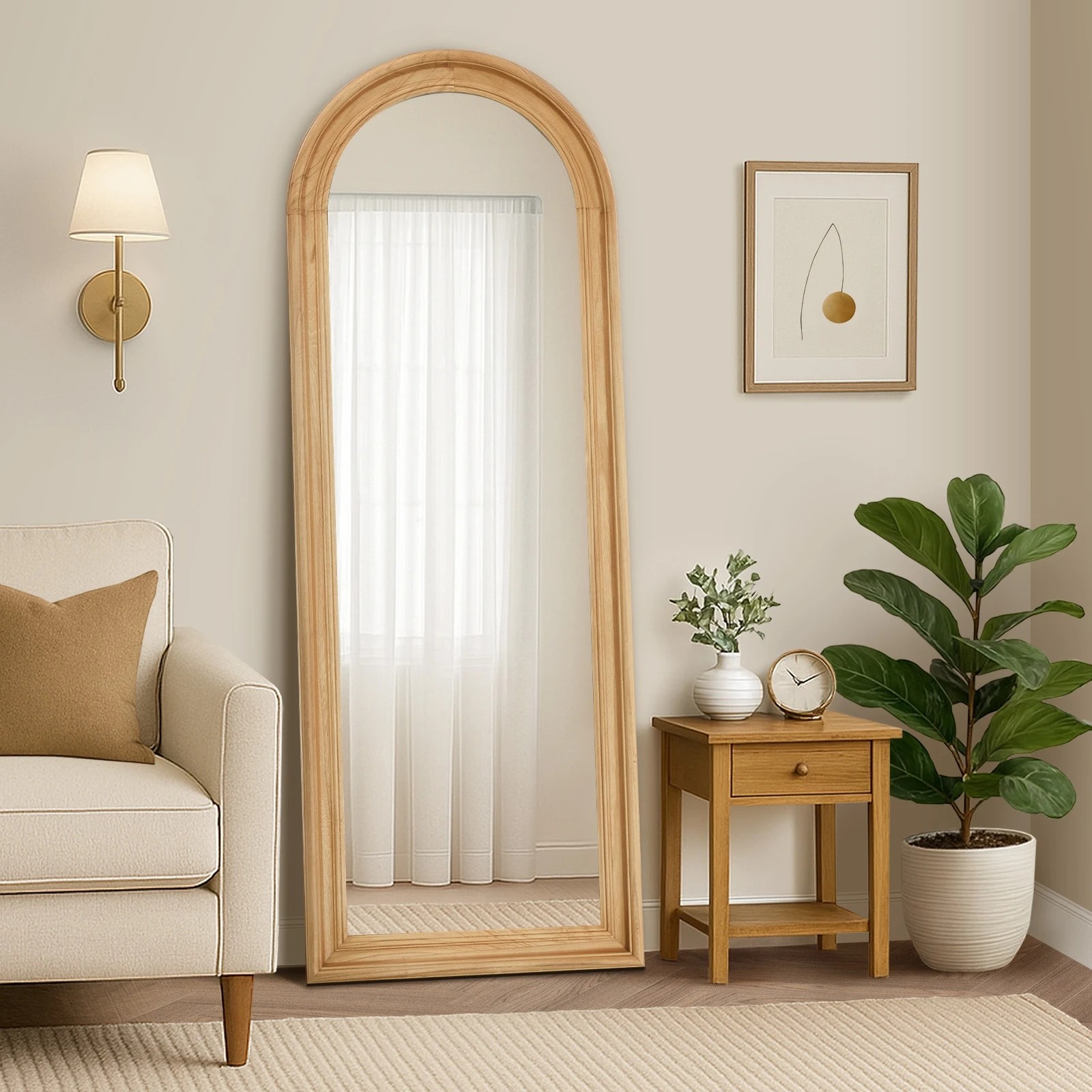 3 Oikiture Full Length Mirror Elegance Arch 165x60cm  Wood Floor Mirrors - Natural, 3 of 10