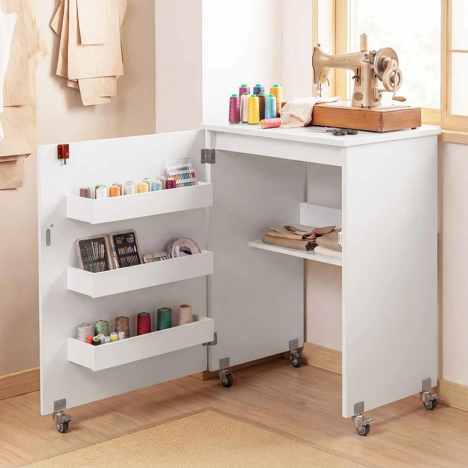 3 Costway Folding Sewing Table Rolling Craft Station w/Storage Cabinet - White, 3 of 5