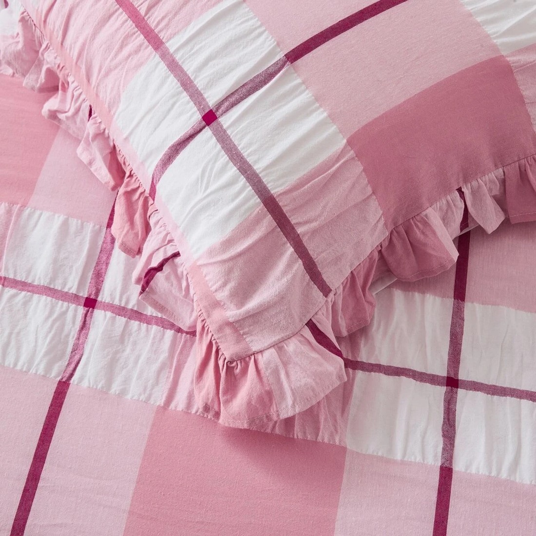 3 Check Seersucker Cotton Quilt Cover Set - Queen Bed, Pink, 3 of 6