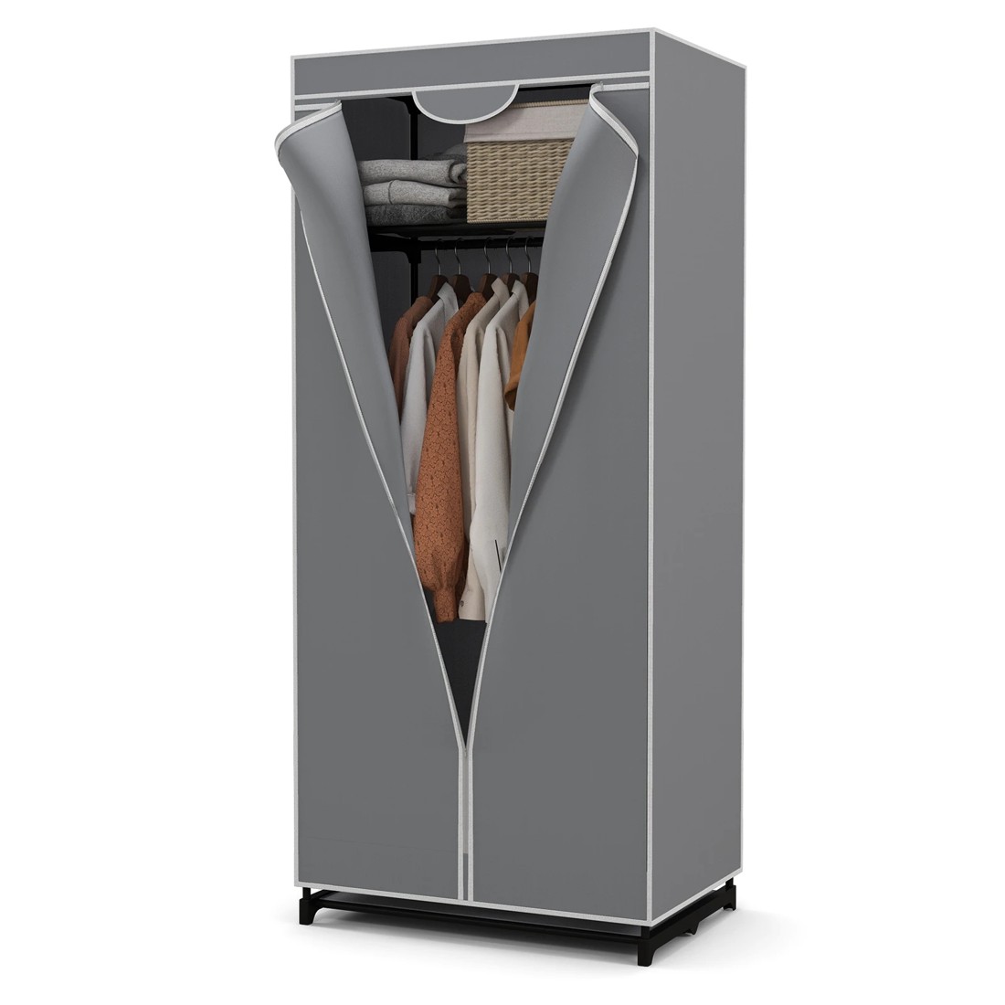 1 Costway Fabric Wardrobe Folding Garment Cabinet Clothes - Grey, 1 of 8