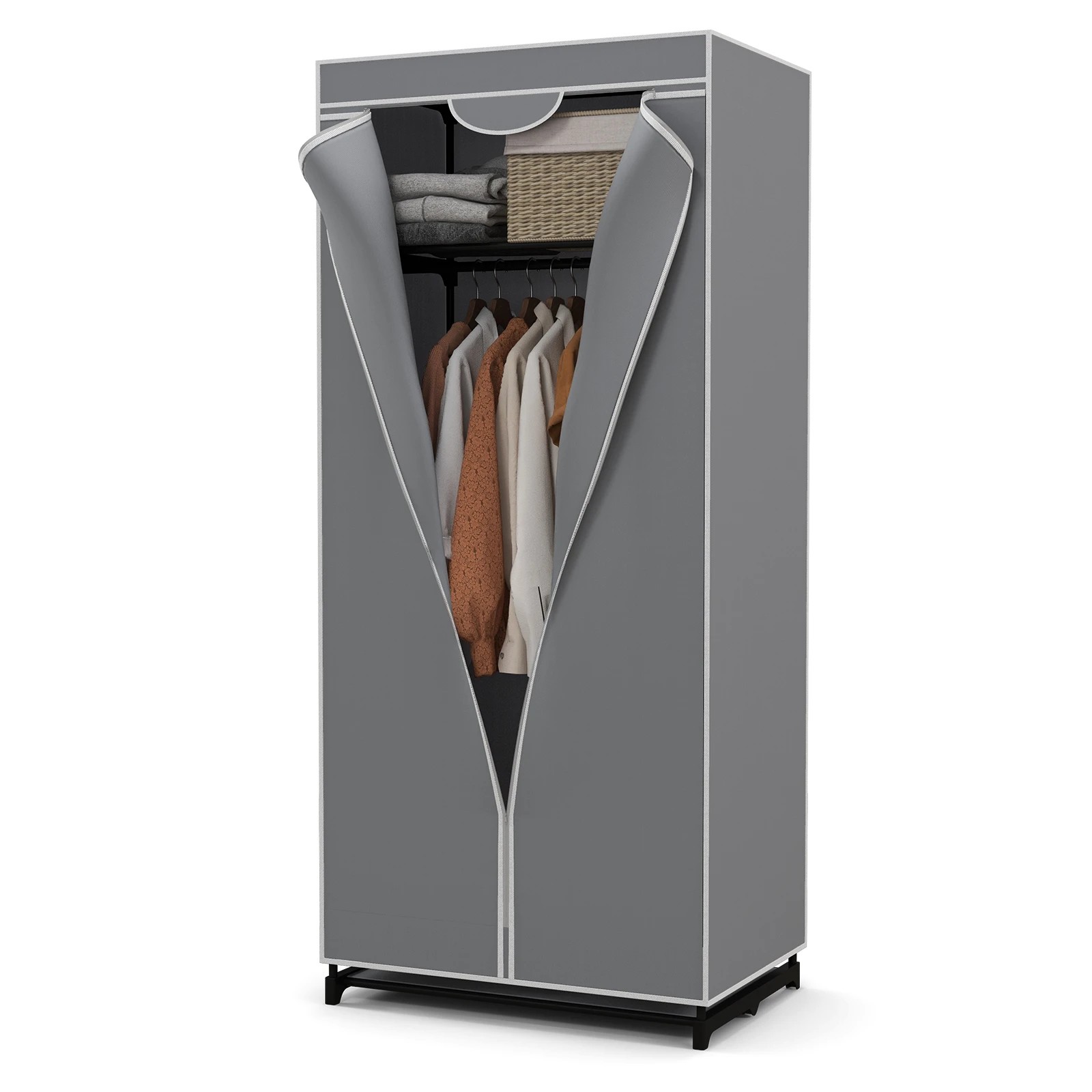 1 Costway Fabric Wardrobe Folding Garment Cabinet Clothes - Grey, 1 of 8
