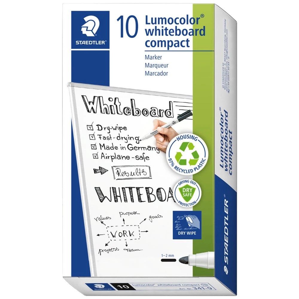 1 Staedtler Lumocolour Whiteboard Marker Bullet Black 10 Pack, 1 of 3