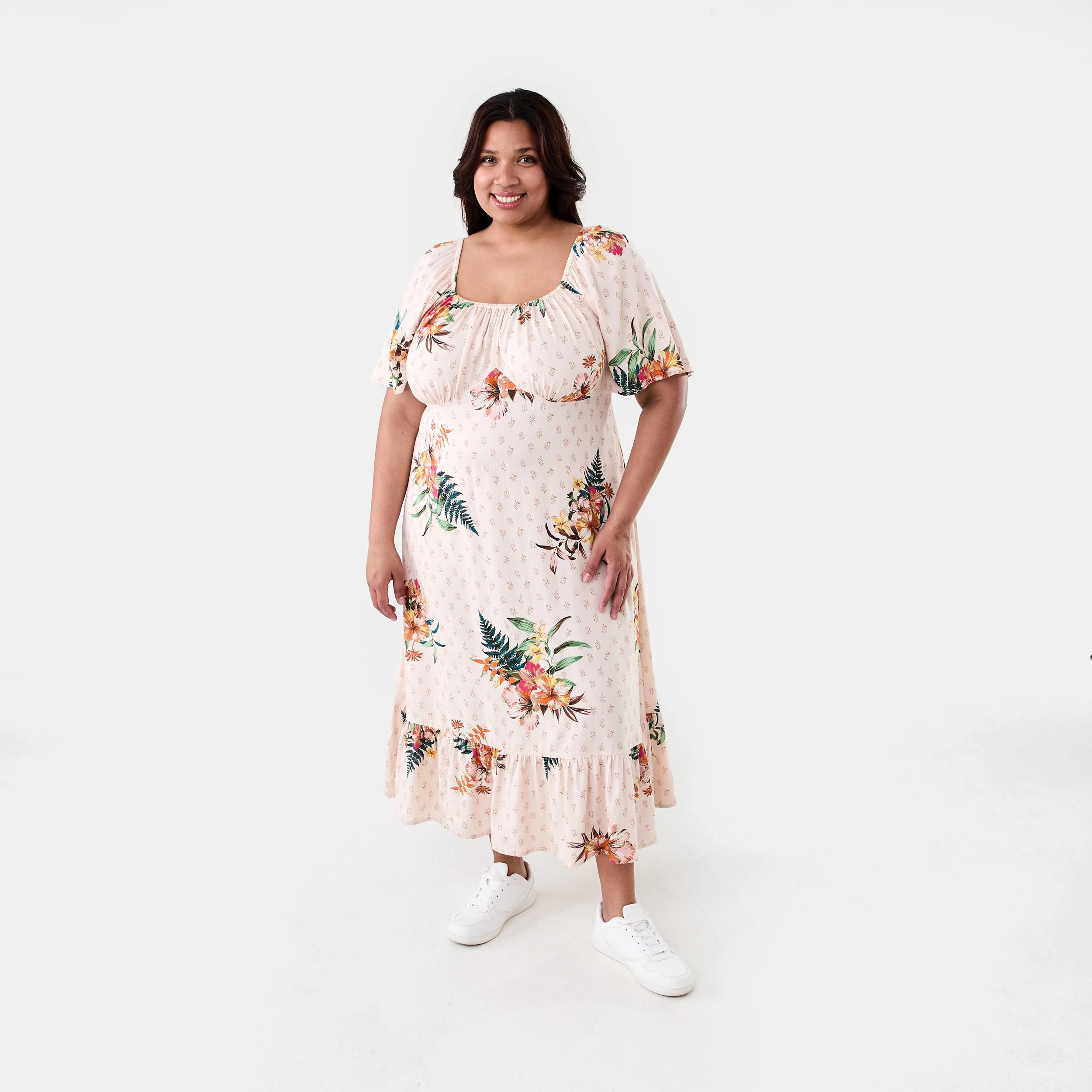 1 Curve Short Sleeve Square Neck Midi Dress Boho Trop, 1 of 8