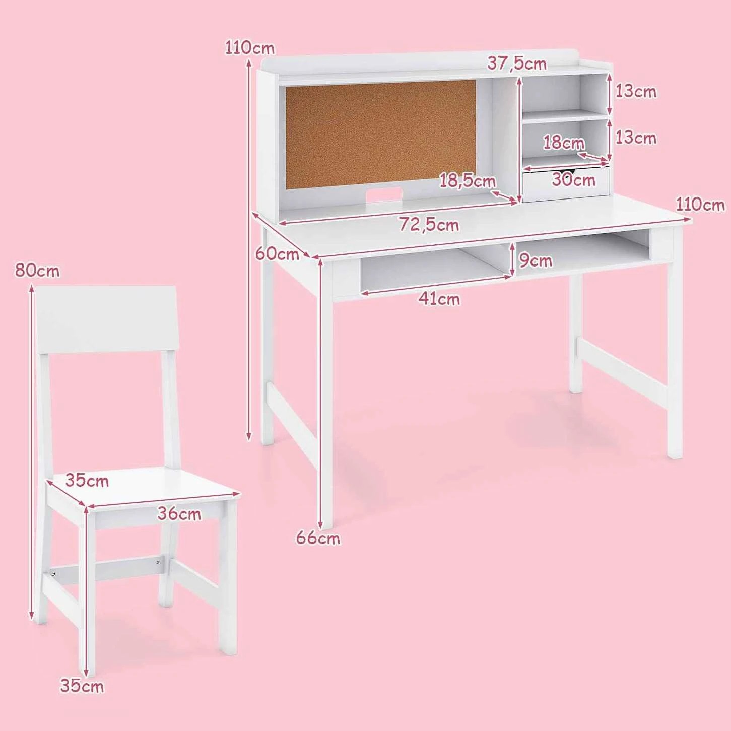 2 Costway Study Desk Chair Set Wooden Writing Table Cork Bulletin Board Computer Workstation - White, 2 of 3