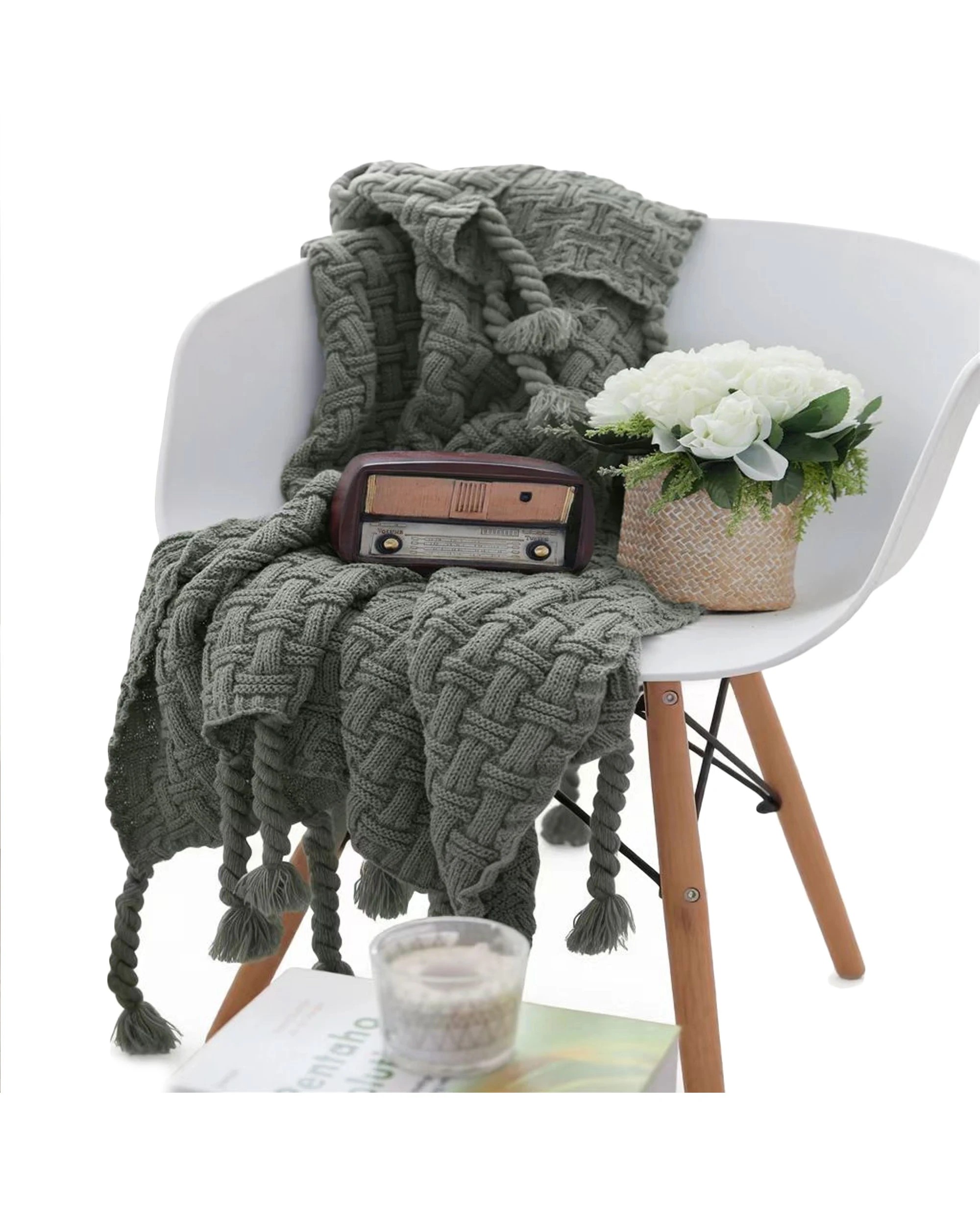 1 Cotton More Tassel Acrylic Knitted Sofa Bed Blanket - Grey, 1 of 2
