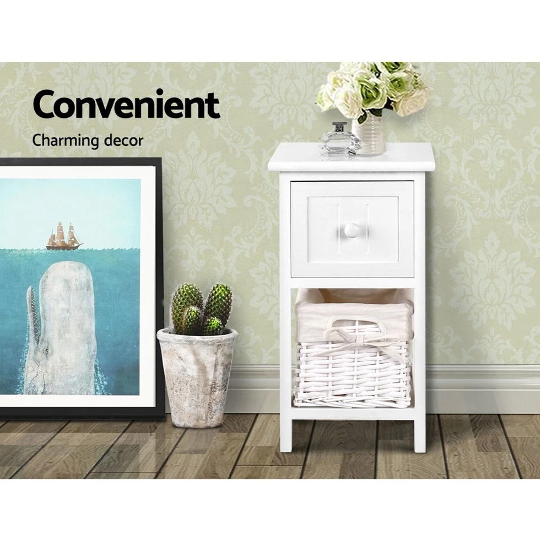 3 Artiss Bedside Table 1 Drawer with Basket Rustic  X2 - White, 3 of 7