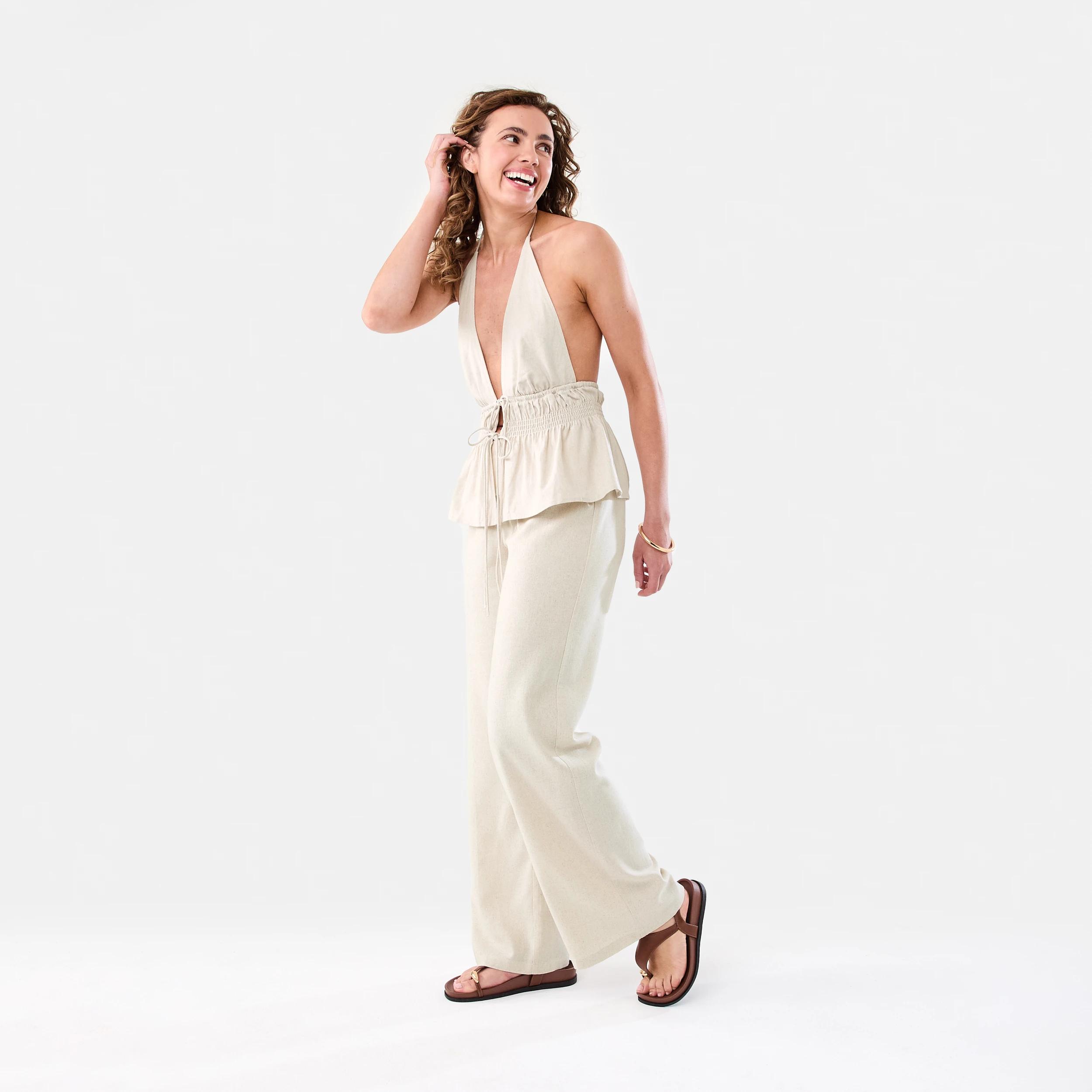 3 Linen Blend Tie Front Halter Neck Top Natural, 3 of 7