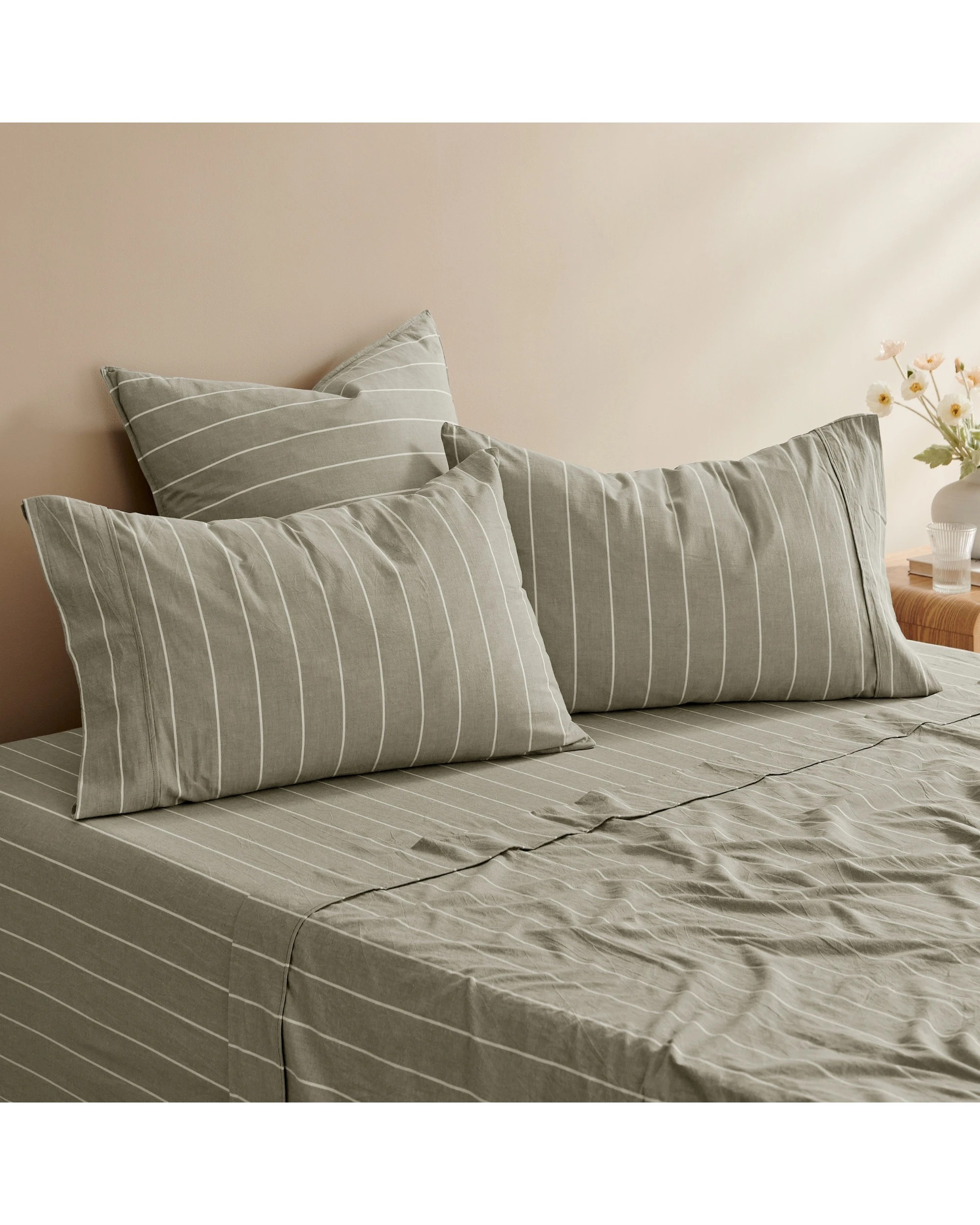 3 Dreamaker Rumi Stripe Washed Cotton Sheet Set - Double Bed - Olive with White, 3 of 7