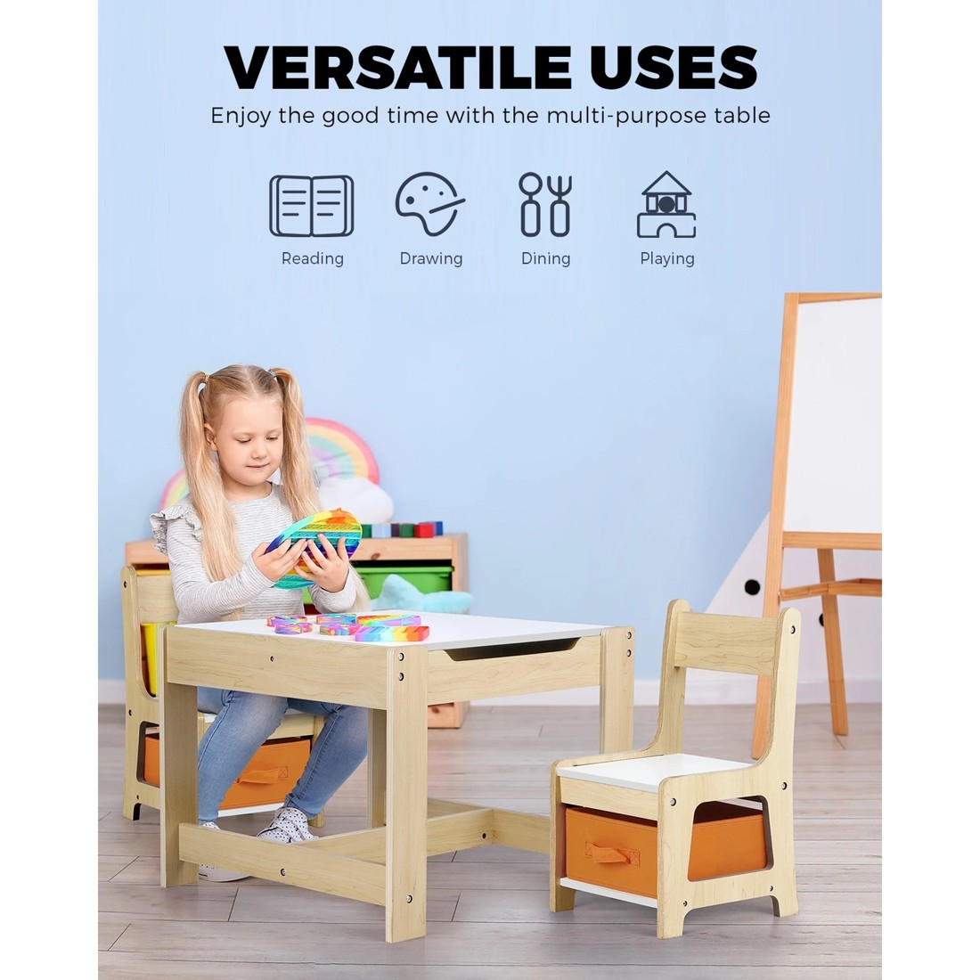 9 Oikiture Kids Table And Chairs Set Activity Play Study Desk Toys Storage Box
 - Natural, 9 of 10