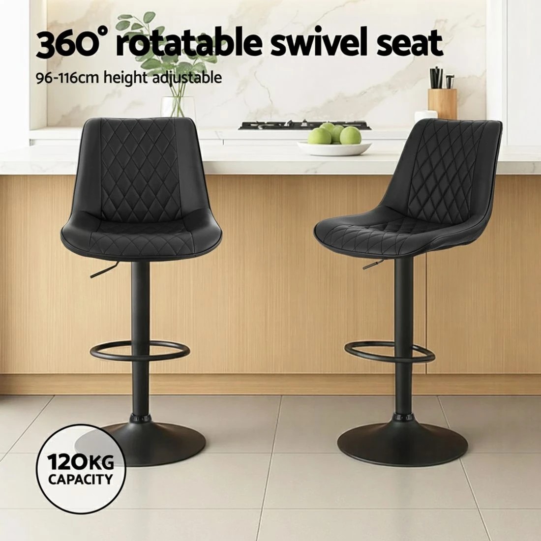 4 Artiss 2x Bar Stools Kitchen Swivel Gas Lift Counter Chair Diamond Leather - Black, 4 of 6