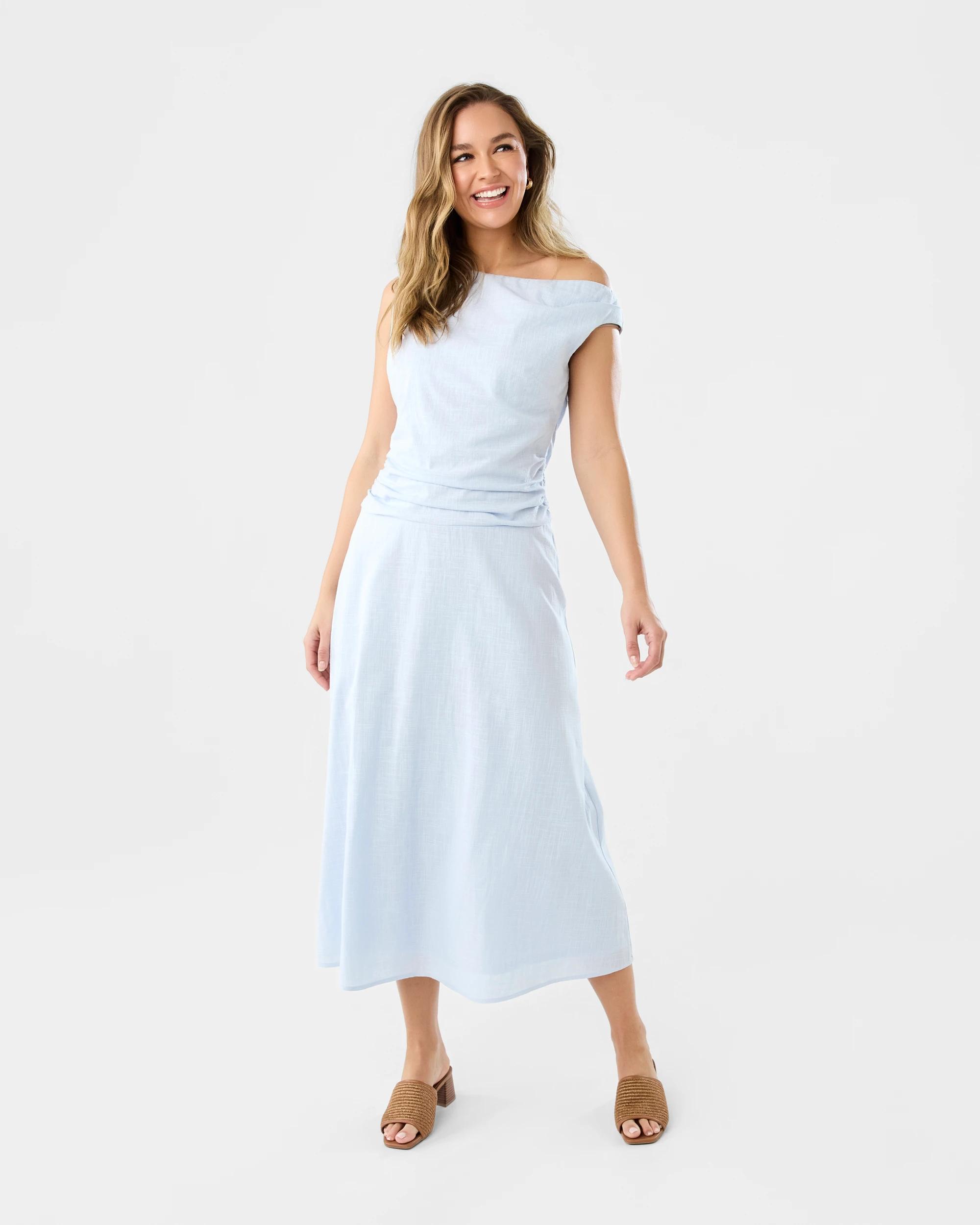 1 Sleeveless Asymmetrical Off Shoulder Midi Dress Powd Blue, 1 of 8