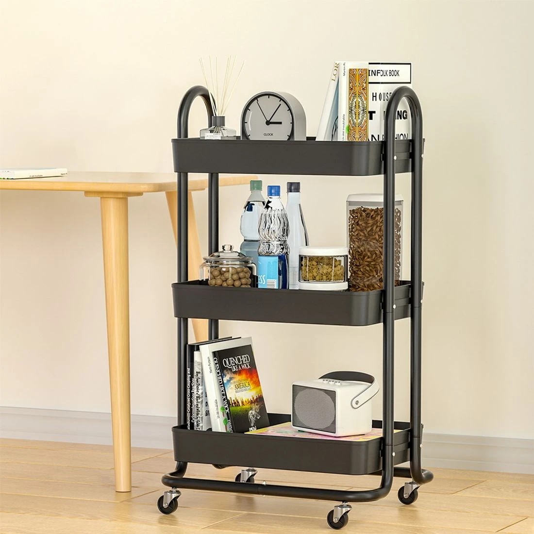 3 Artiss Storage Trolley Kitchen Cart 3 Tiers Rack Shelf Organiser Wheels - Black, 3 of 4