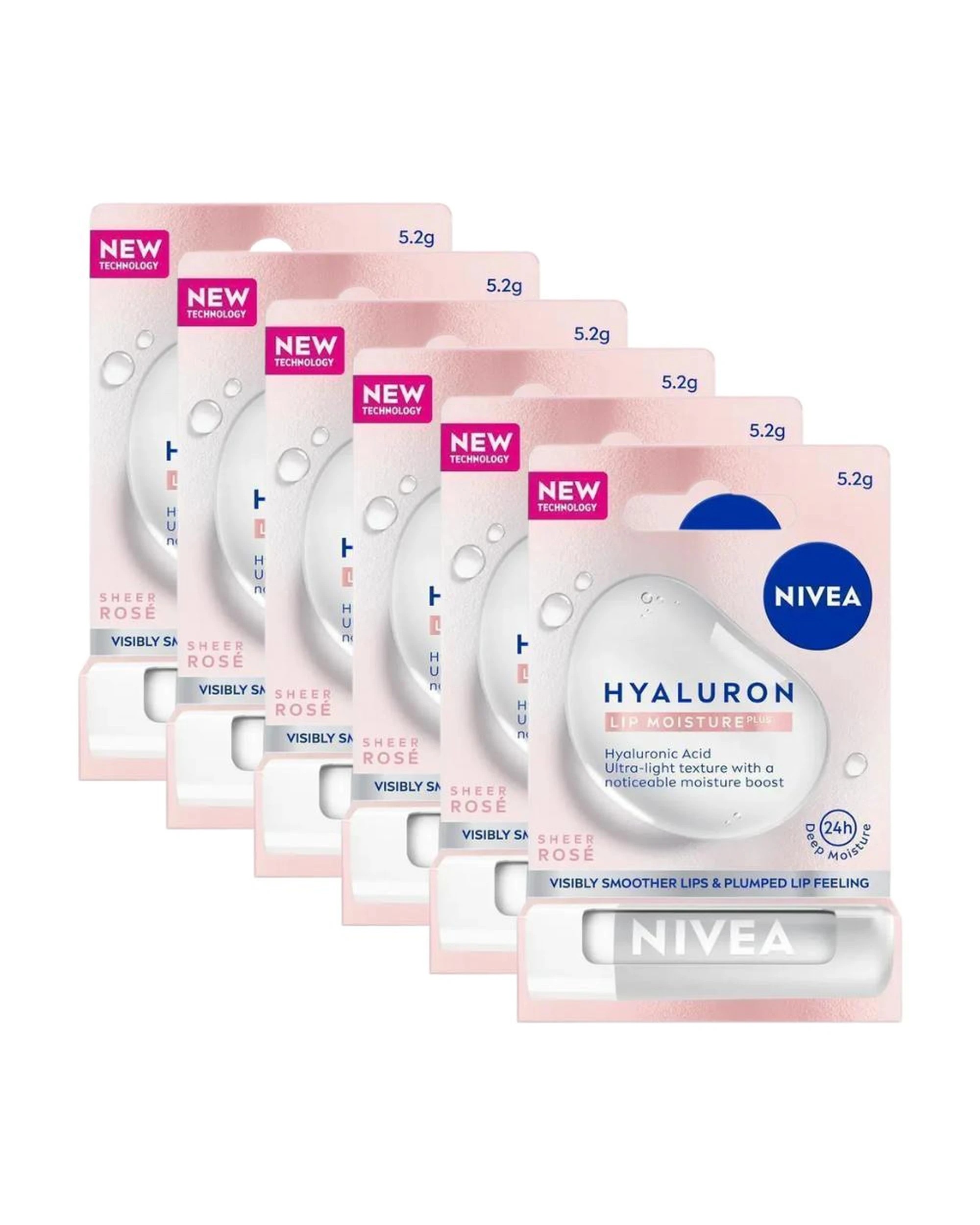 1 6 x Nivea Lip Moisture Plus Hyaluron Lip Balm 5.2g - Sheer Rose - Clear, 1 of 6