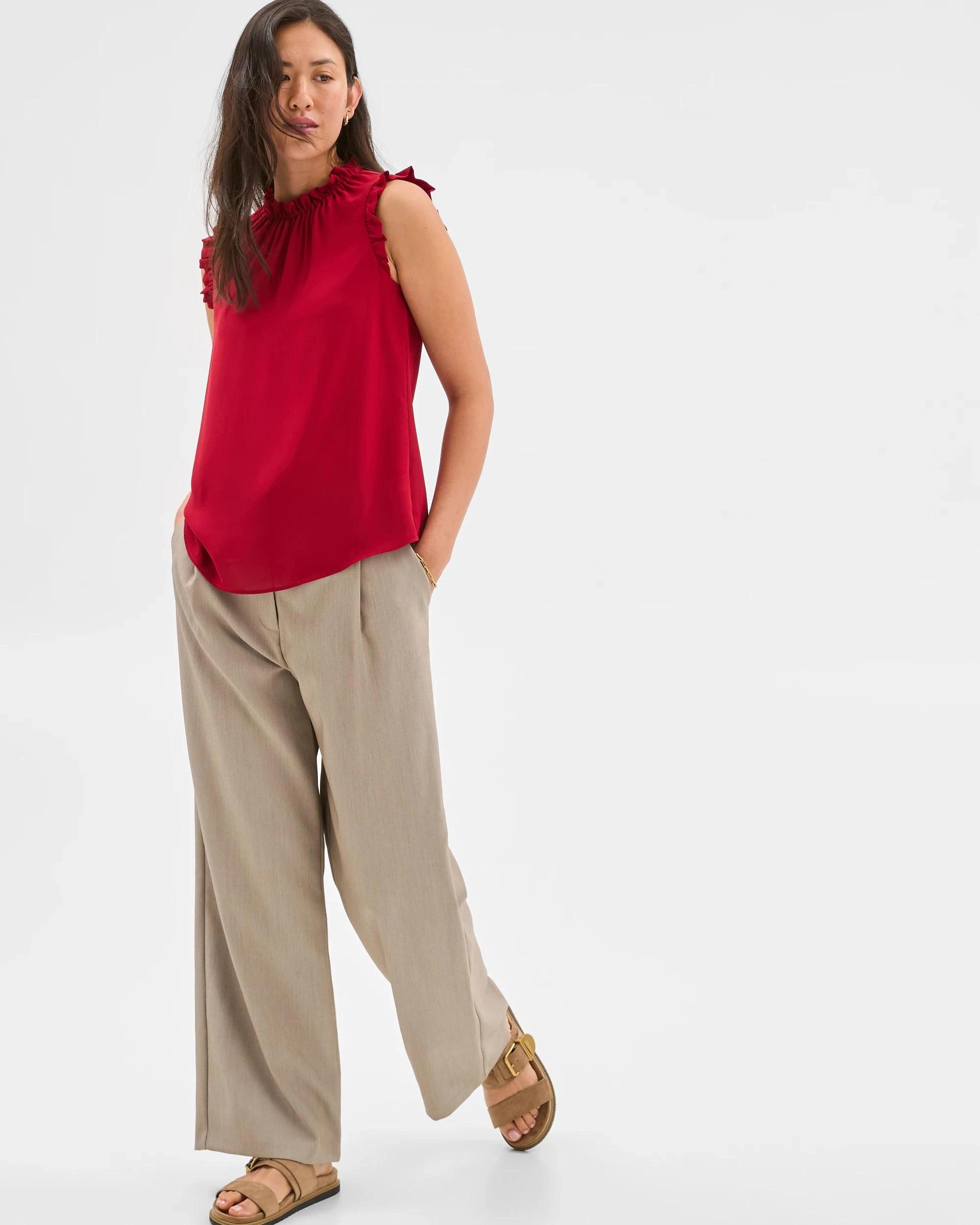 1 Sleeveless Ruffle Neck Tank Top - Preview CRIMSON, 1 of 6