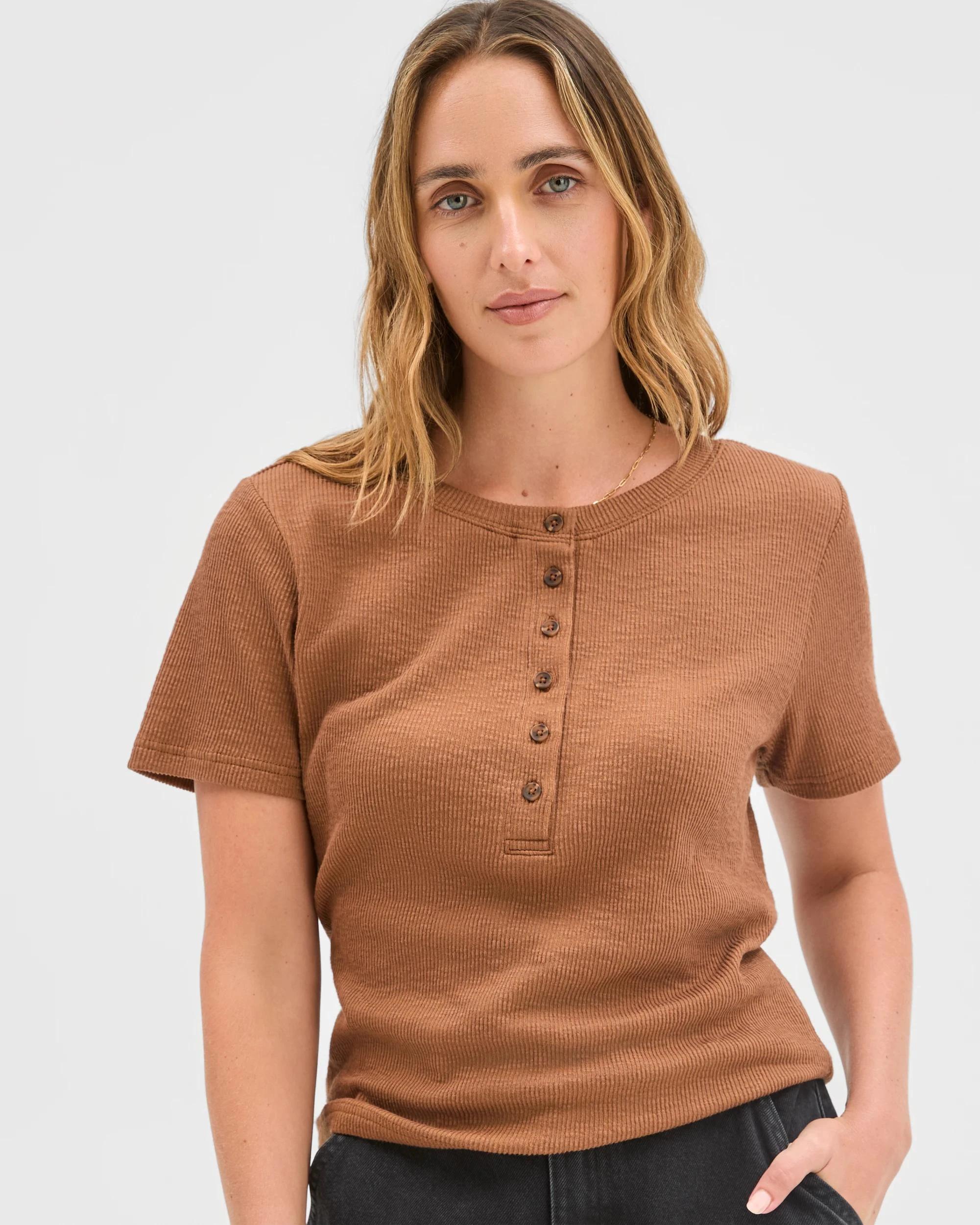 2 Target Woman Australian Cotton Blend Textured Rib Henley T-Shirt PARTRIDGE, 2 of 5