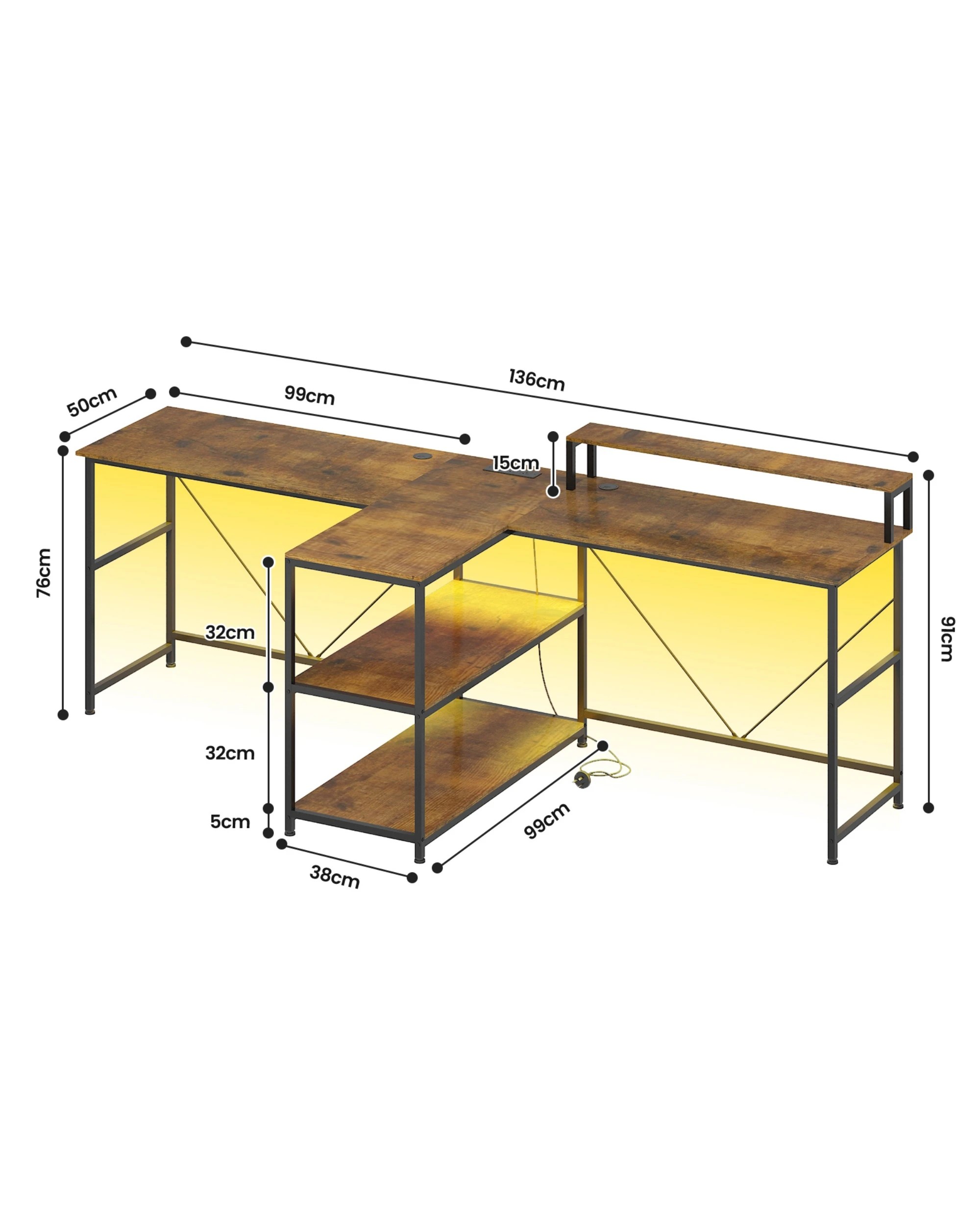 5 Advwin 236cm 2 Person LED Gaming  Computer Desks w/ Power Outlets - Brown, 5 of 9