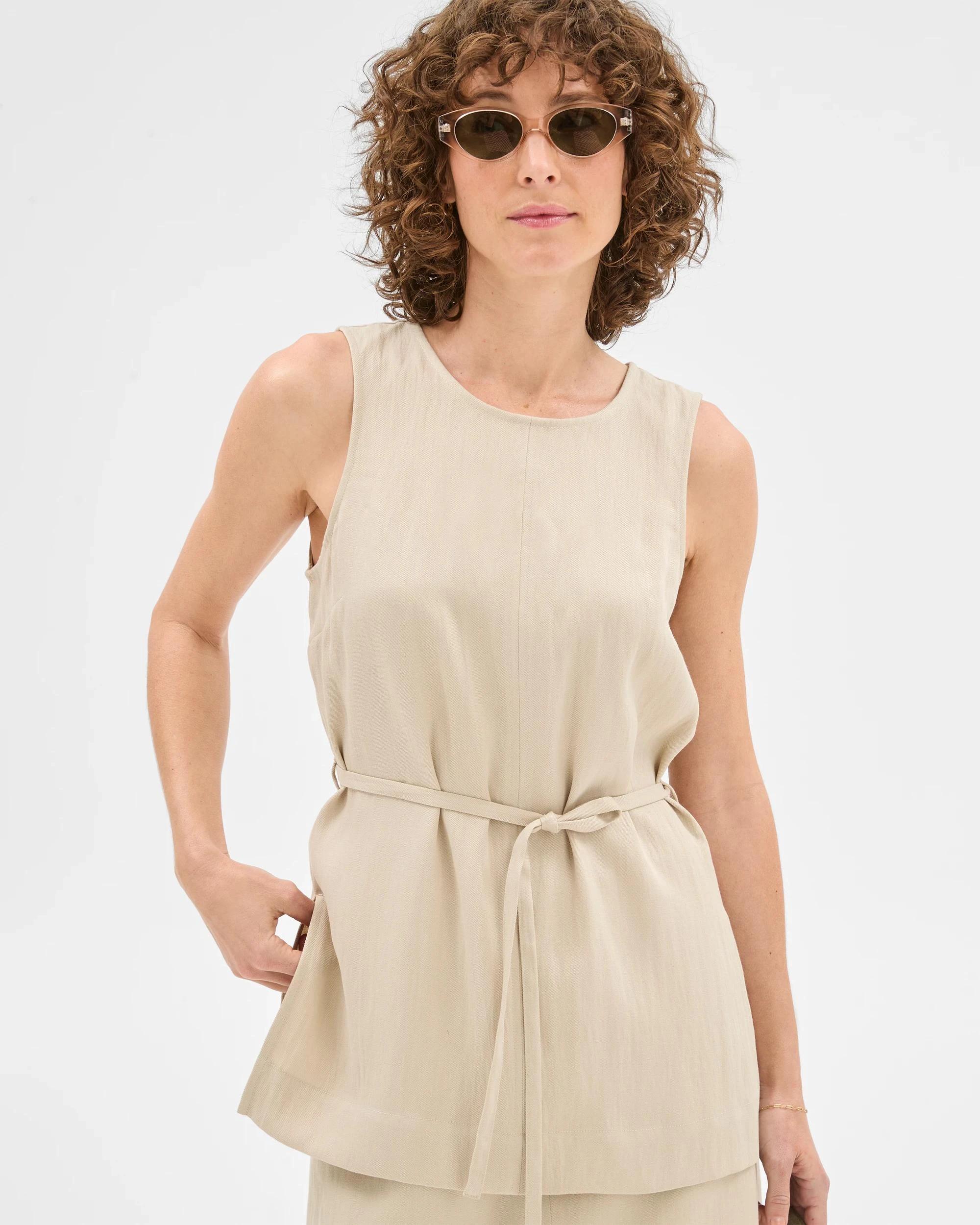 1 Summer Twill Sleeveless Belted Top - Preview SAGE, 1 of 6