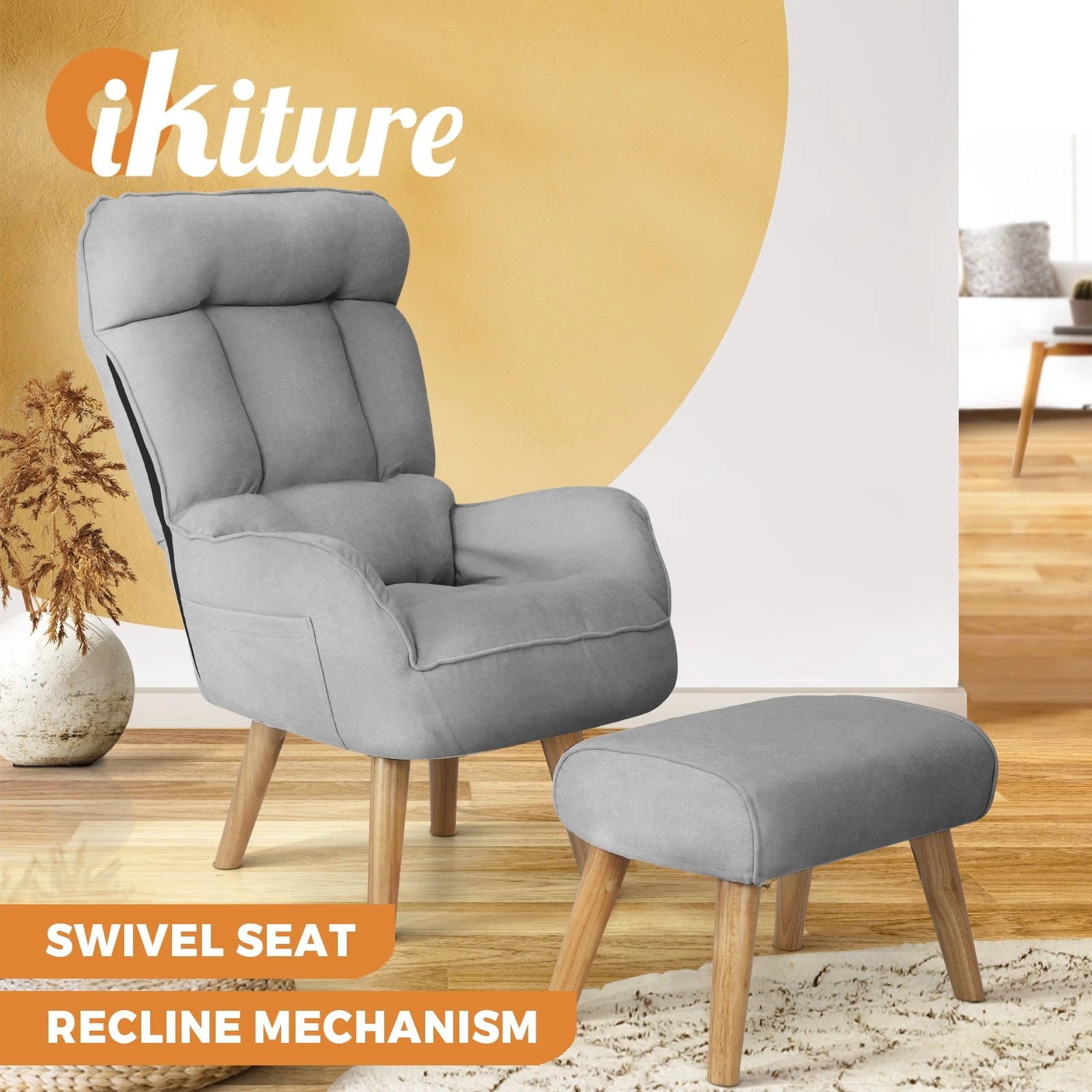 2 Oikiture Swivel Recliner Armchair Lounge Ottoman Accent Chair With Stool
 - Grey, 2 of 9
