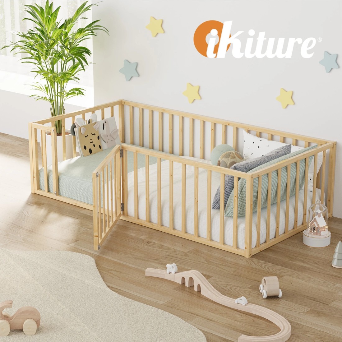 6 Oikiture 2-in-1 Kids Bed Play Centre Fence Gate Single Wood - Natural, 6 of 10