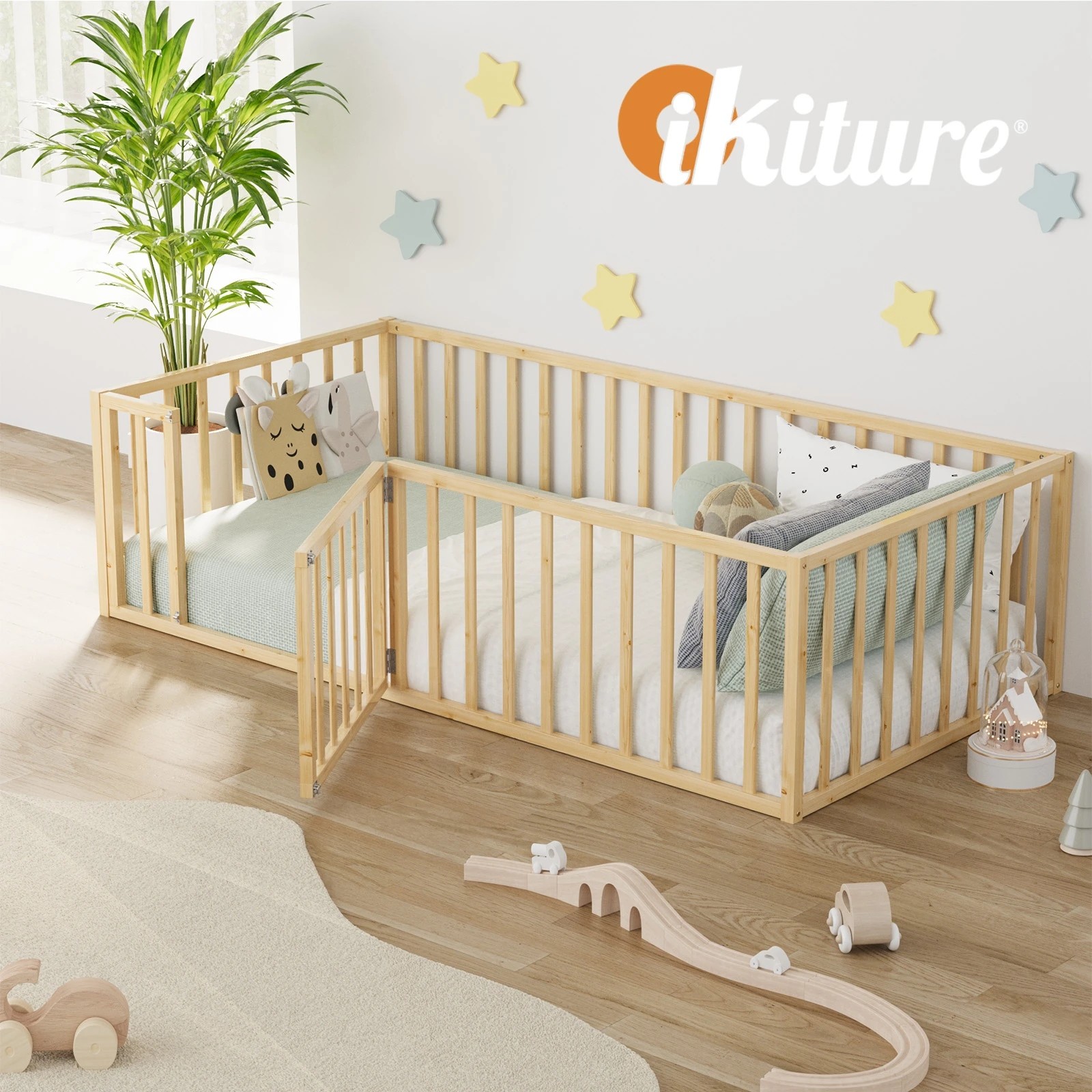 6 Oikiture 2-in-1 Kids Bed Play Centre Fence Gate Single Wood - Natural, 6 of 10