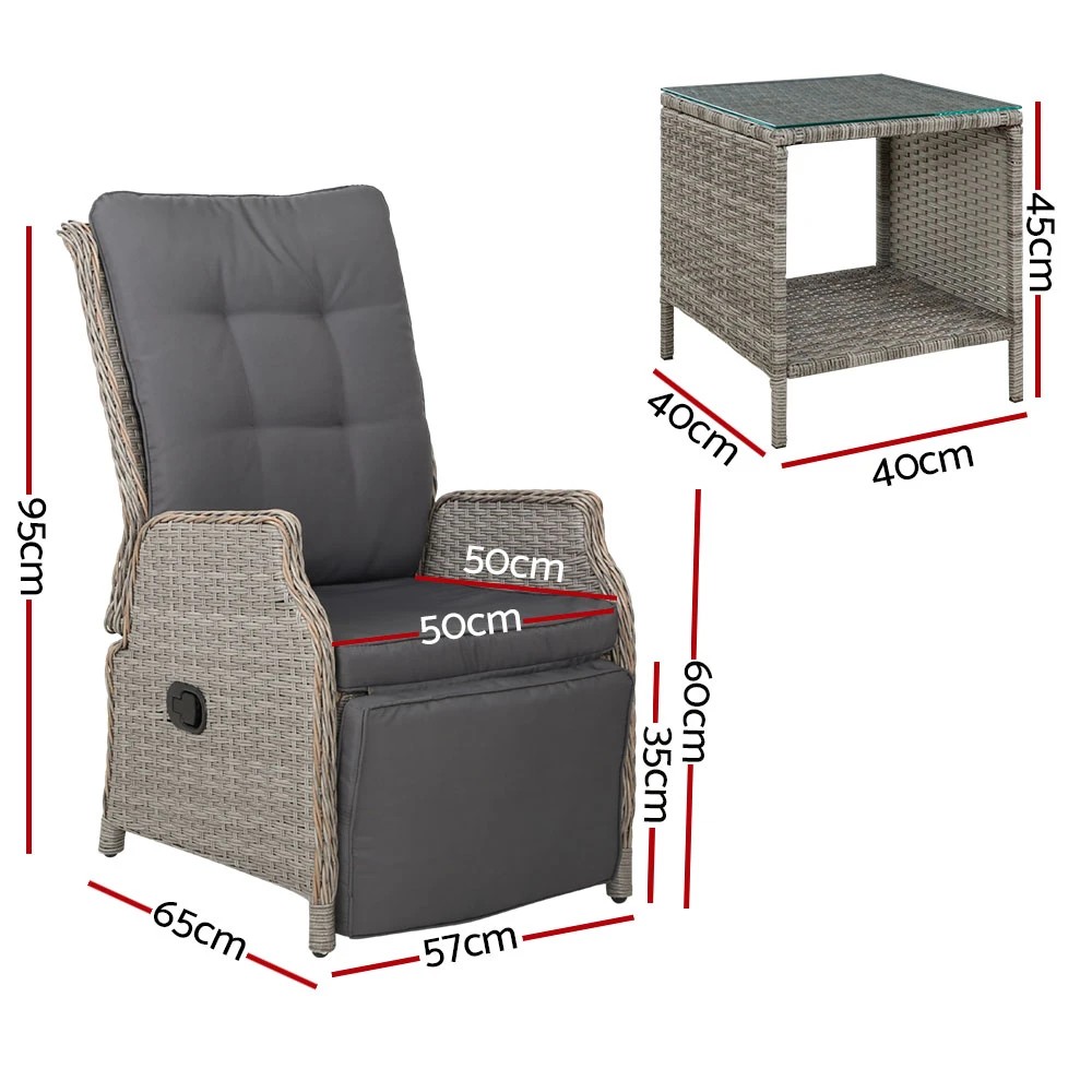 2 Gardeon 3PC Recliner Chairs Table Sun lounge Outdoor Furniture Wicker Adjustable - Grey, 2 of 5
