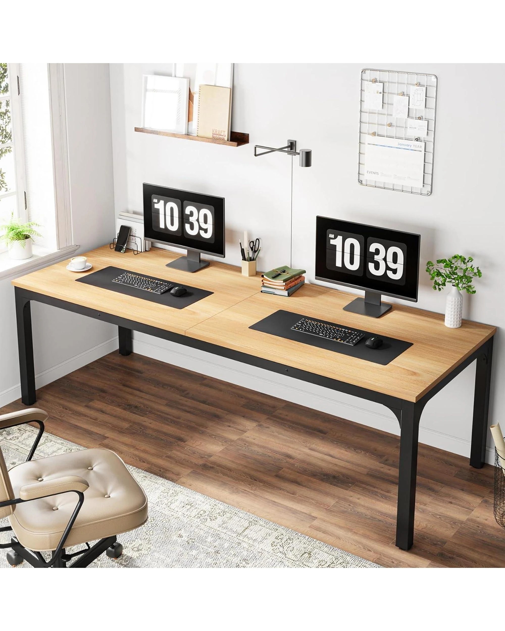 4 OAKORY 200cm Home Office Desk for Two People, Large Writing Desk with Heavy-Duty Metal Legs, Black & Light Walnut, 4 of 8