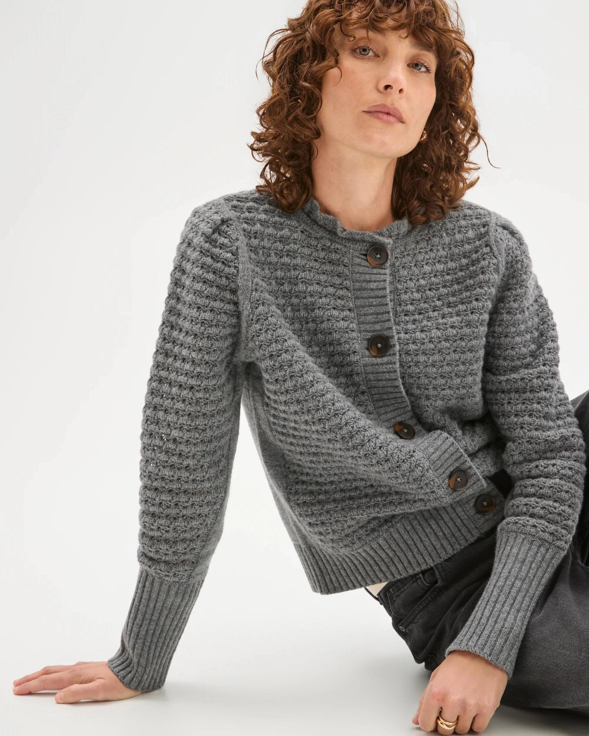 5 Target Woman Basket Stitch Ruffle Neck Cardigan CHARCOAL MARLE, 5 of 7